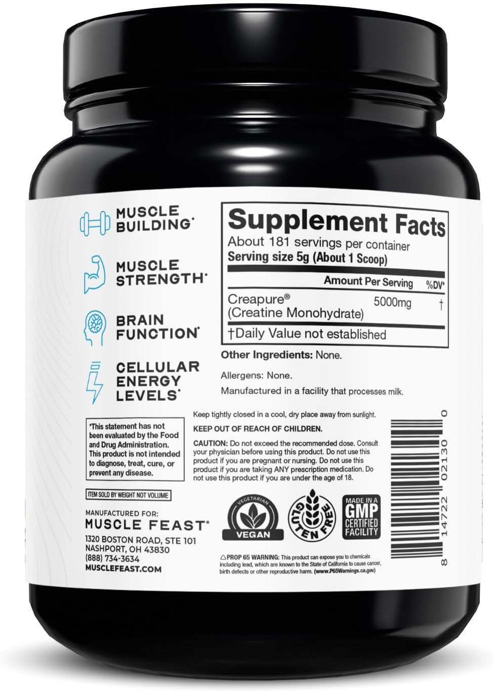 Creapure Creatine Monohydrate Powder, Vegan Keto Friendly Gluten-Free, Mass Gain