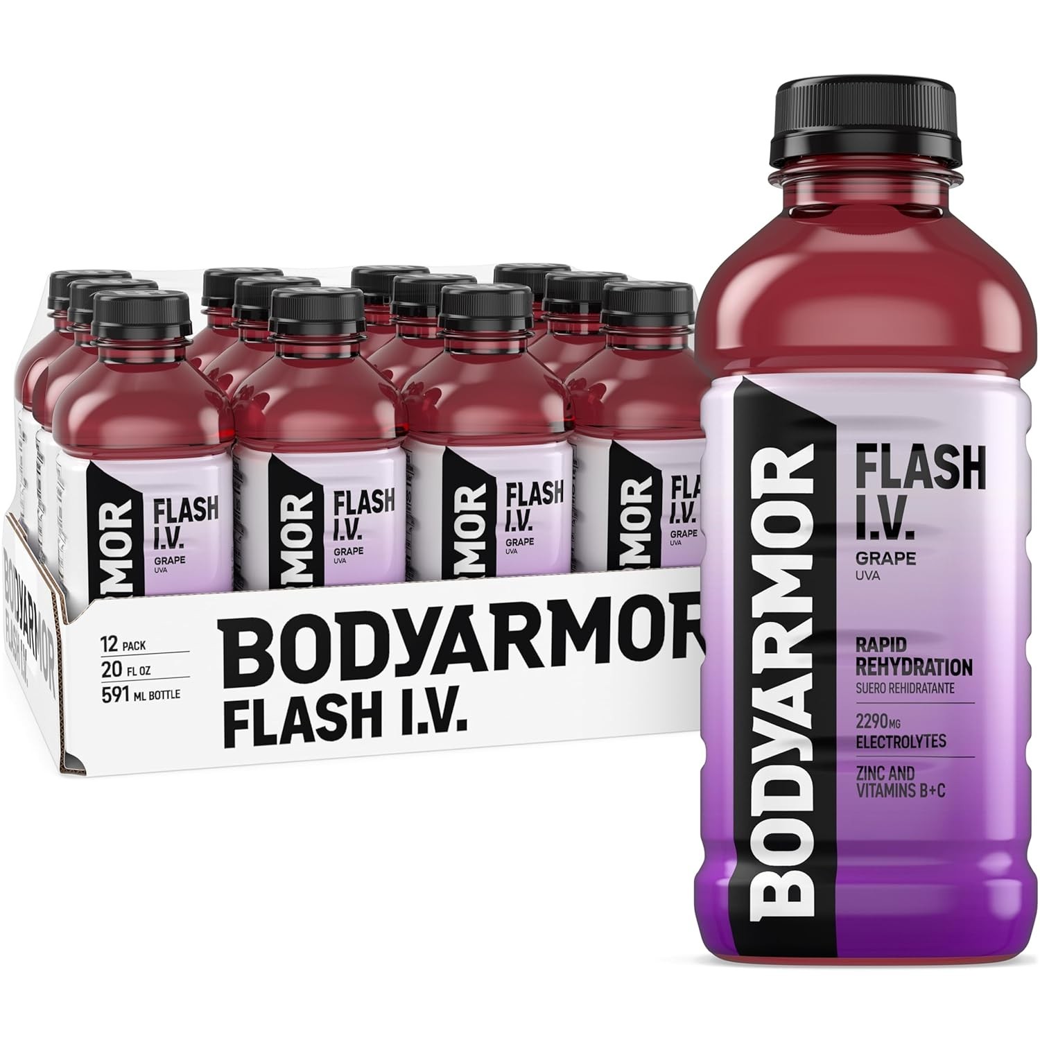 Flash I.V. Electrolyte Drink – Grape Flavor, 20 Fl Oz (Pack of 12) Hydration