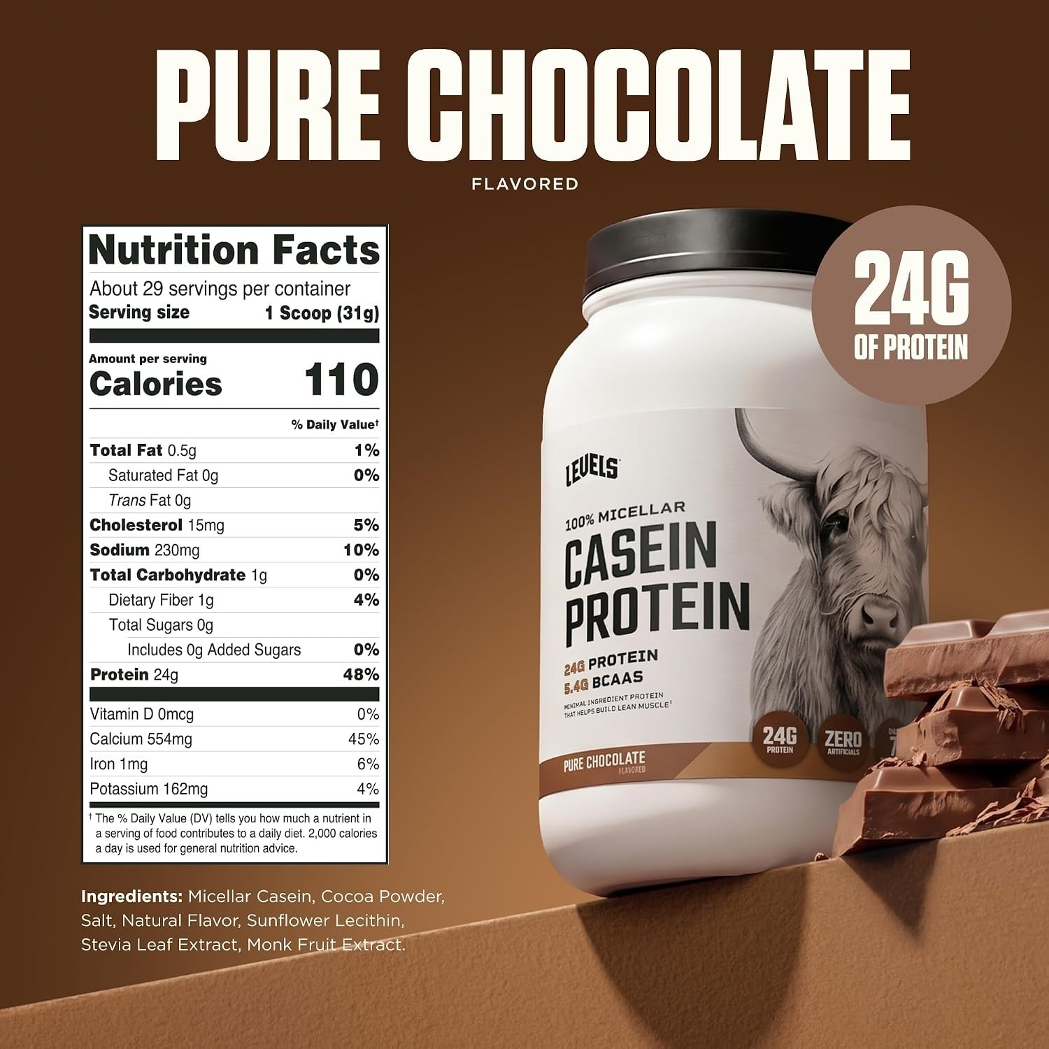 Levels Micellar Casein Protein Powder 2LB Chocolate 24g Protein 5.2g BCAAs