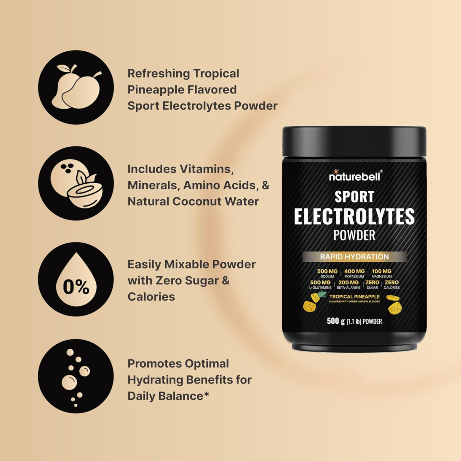 Polvo de electrolitos deportivos, sin azúcar, 52 porciones, sabor piña tropical