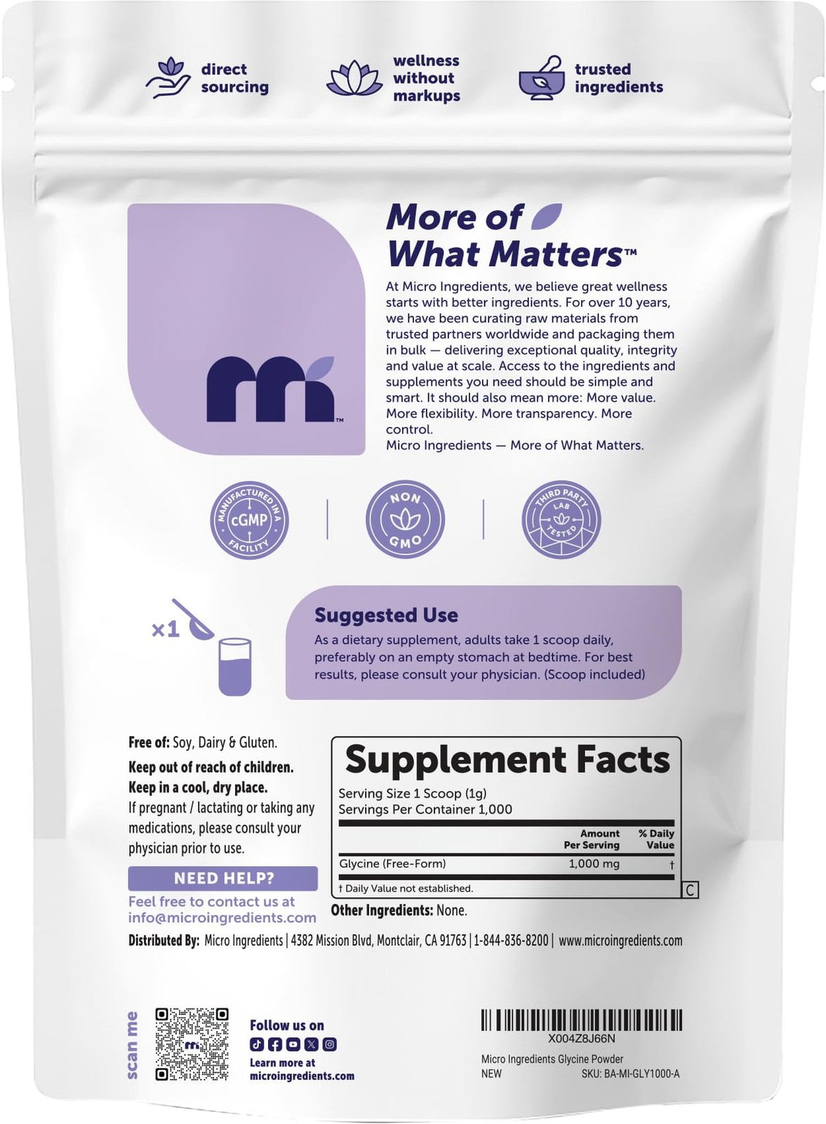 Micro Ingredients Glycine Powder, 1KG (2.2 Pounds), 2.21 Pound (Pack of 1)