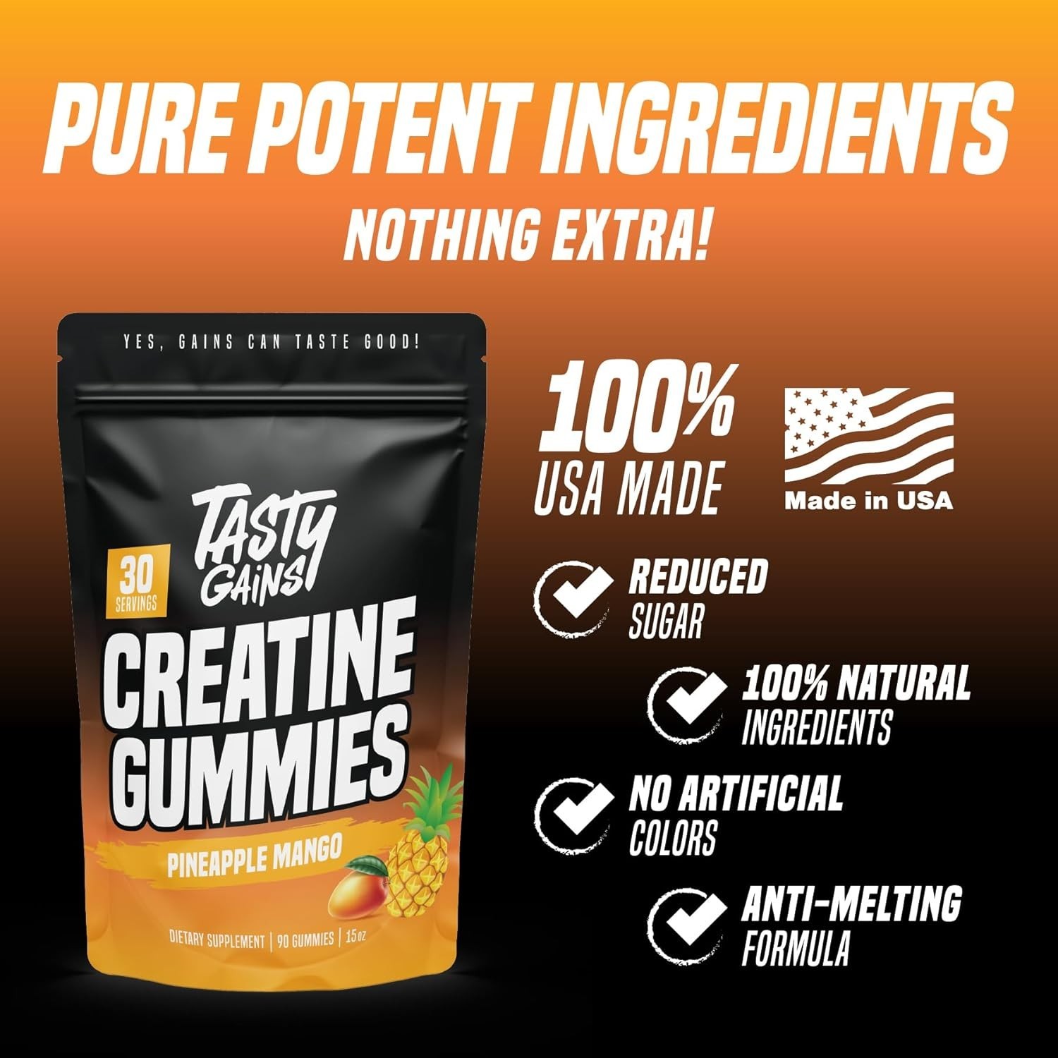 TASTY GAINS Creatine Gummies – 90g of Creatine Monohydrate – Pineapple Mango