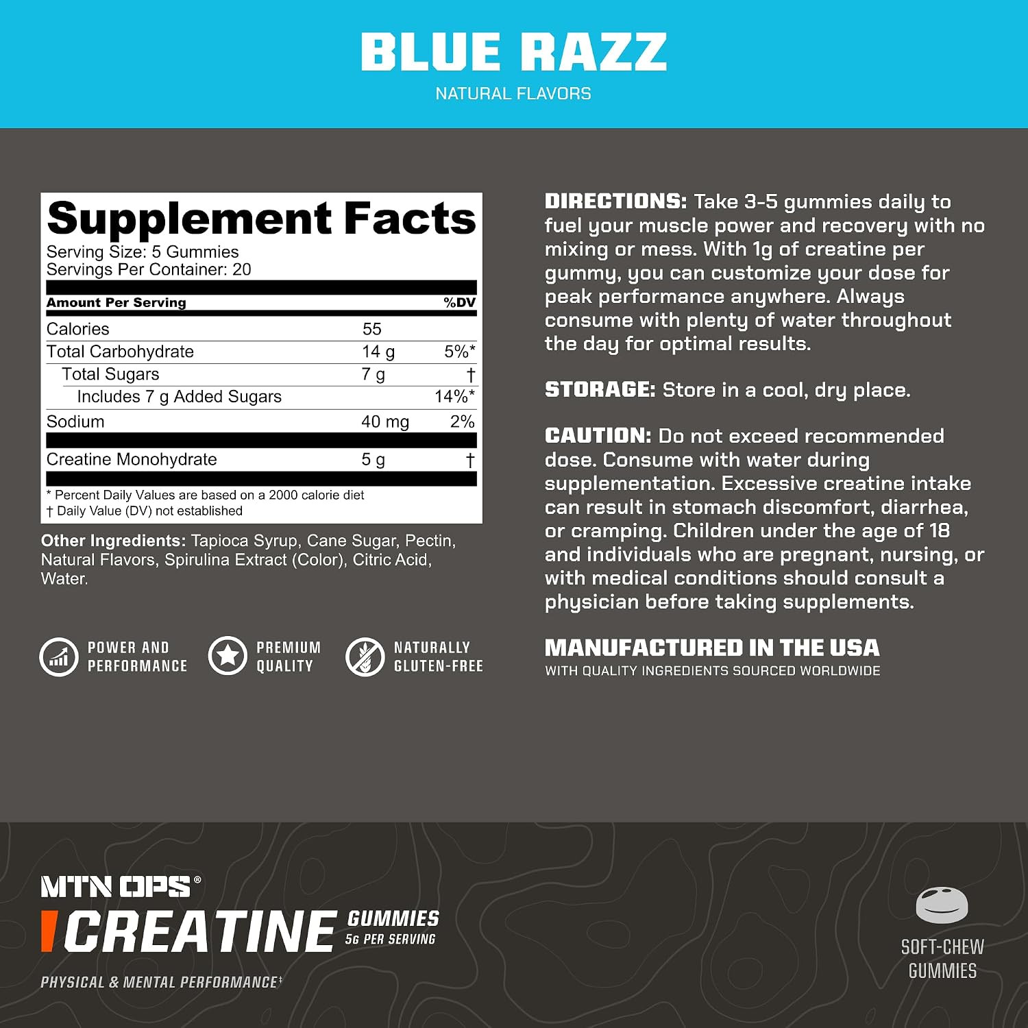 Creatine Gummies, 5G Creatine Monohydrate, Blue Razz, 100 Ct