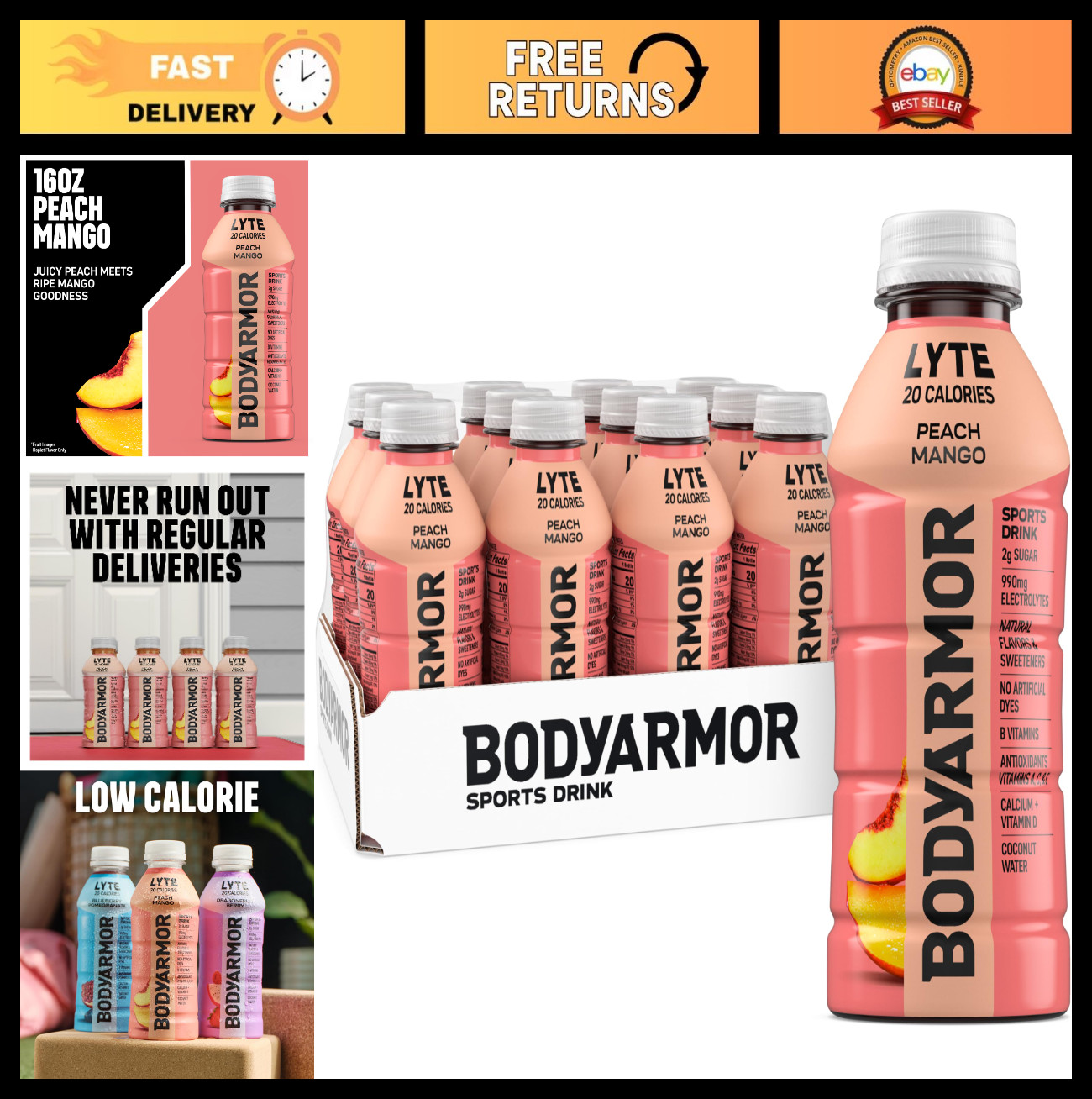 Electrolyte Sports Drink, Peach Mango Flavor, Hydration Beverage, 16 Oz (12 Pack