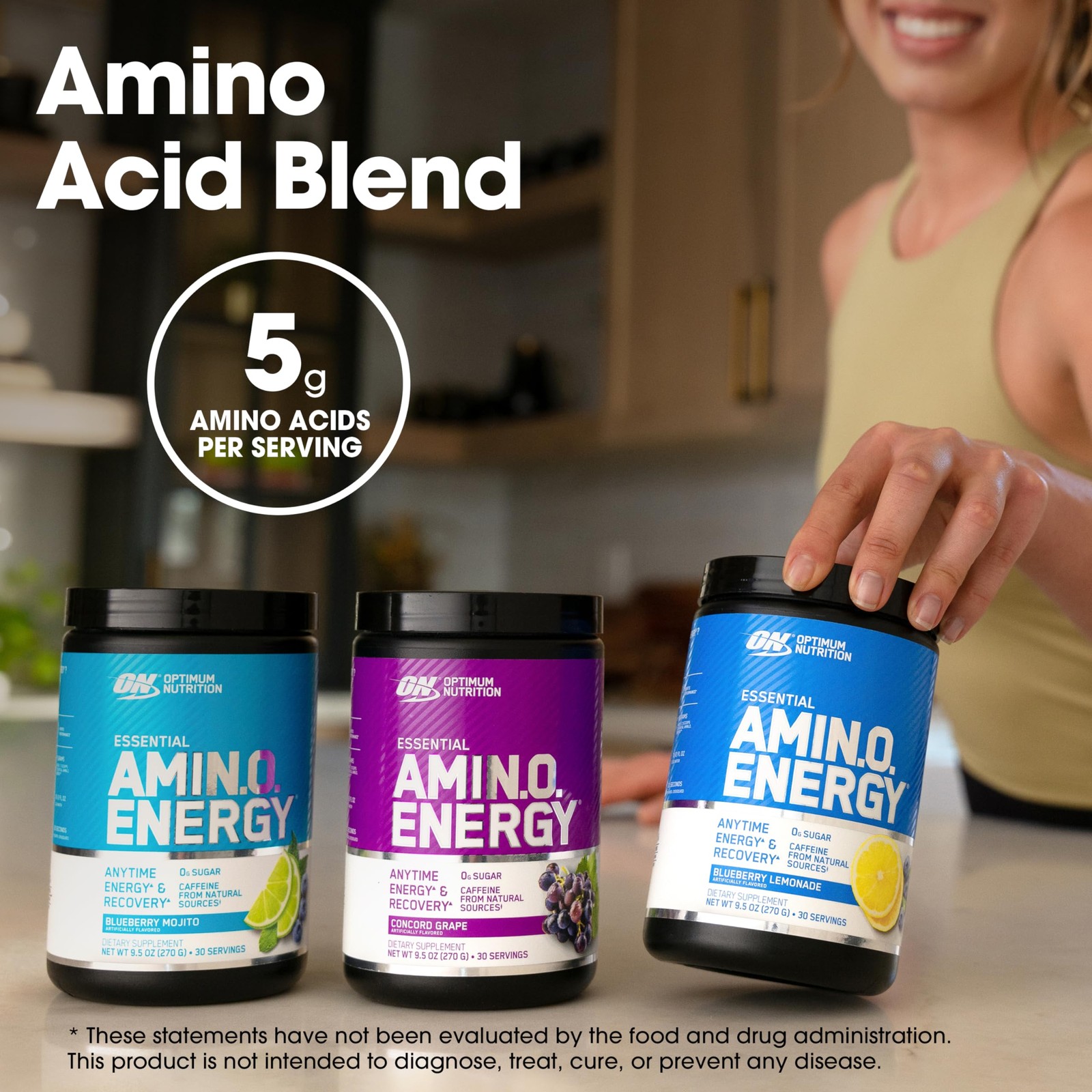 Amino Energy Powder Pre Workout BCAA Green Tea 65 Servings Concord Grape Optimum
