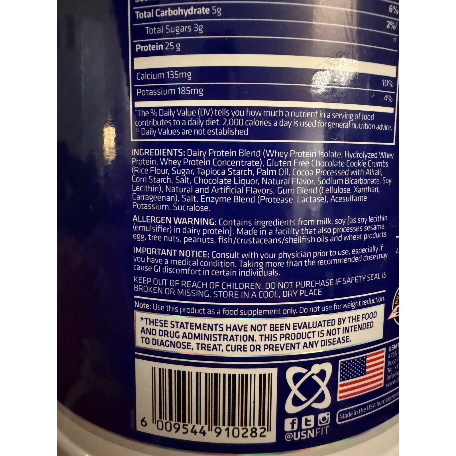 USN BlueLab 100% Whey Protein Powder Cookies and Cream 2lb 25g Protein 5.3g BCAA