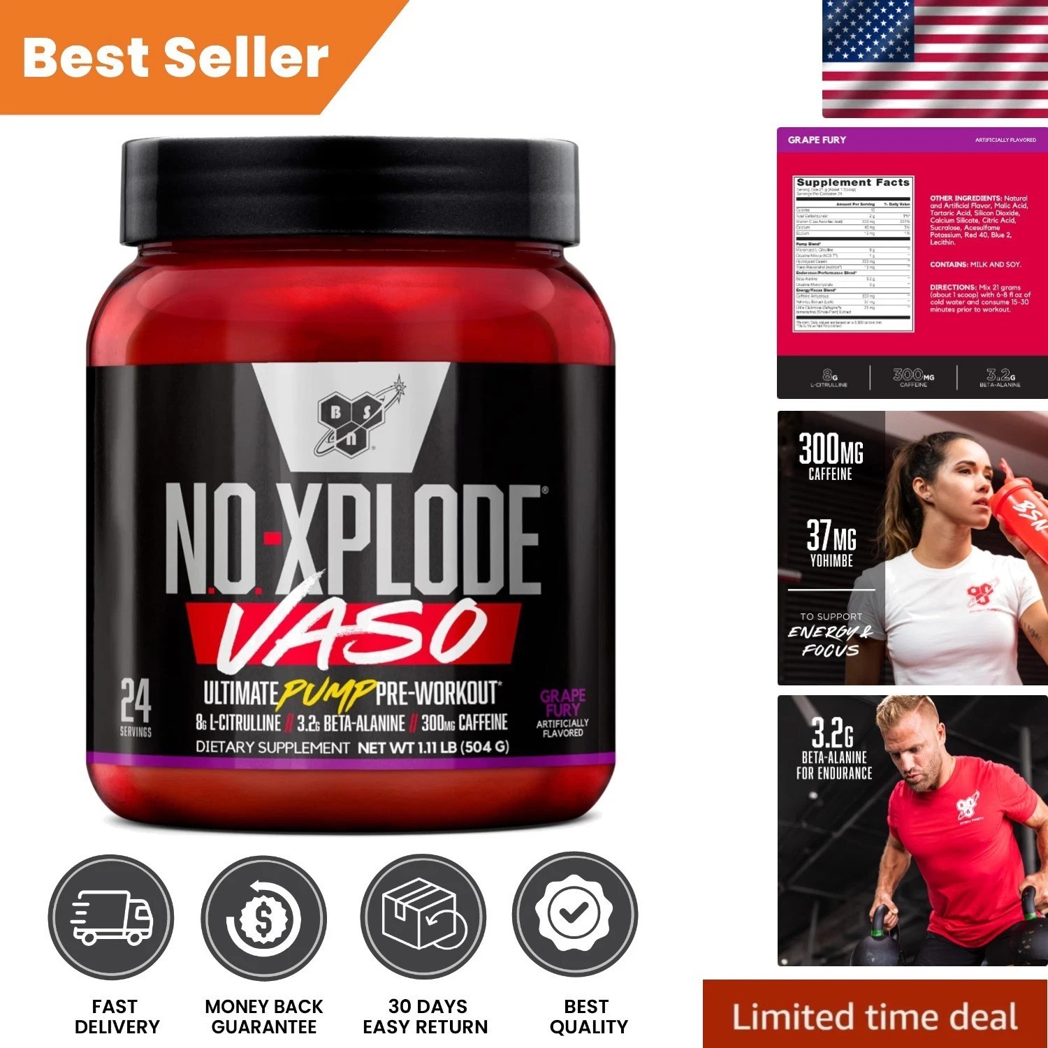 Explosive Energy with N.O.-XPLODE Vaso, Pre Workout Powder – Grape Fury, 1.1 lbs