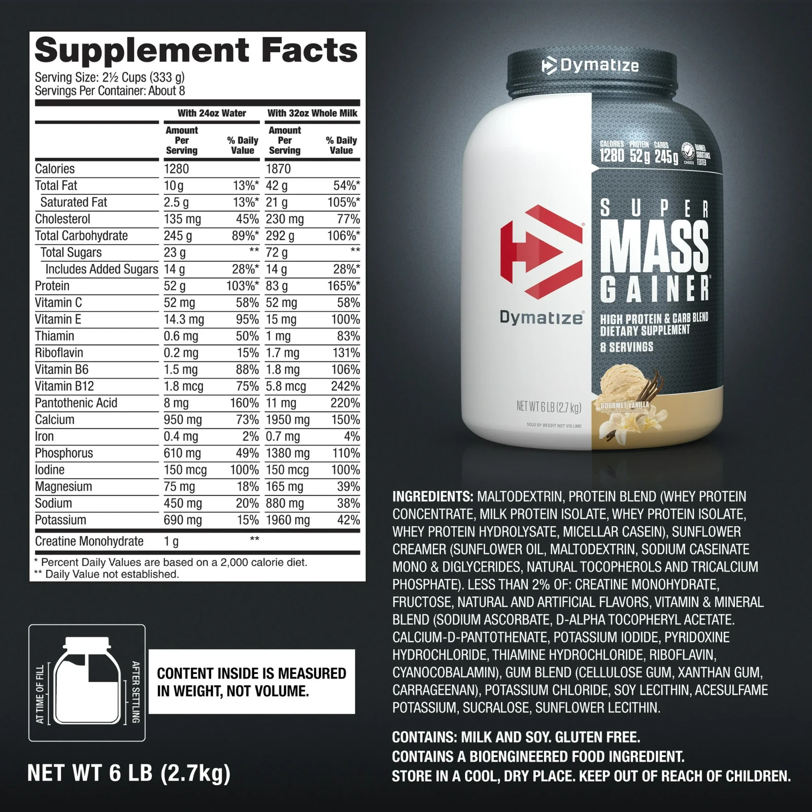 Dymatize Super Mass Gainer Protein Powder, 52g Protein, Gourmet Vanilla, 6 lbs