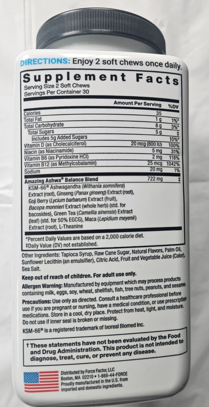 Force Factor Amazing Ashwa – Triple Berry Flavor – 60 Soft Chews