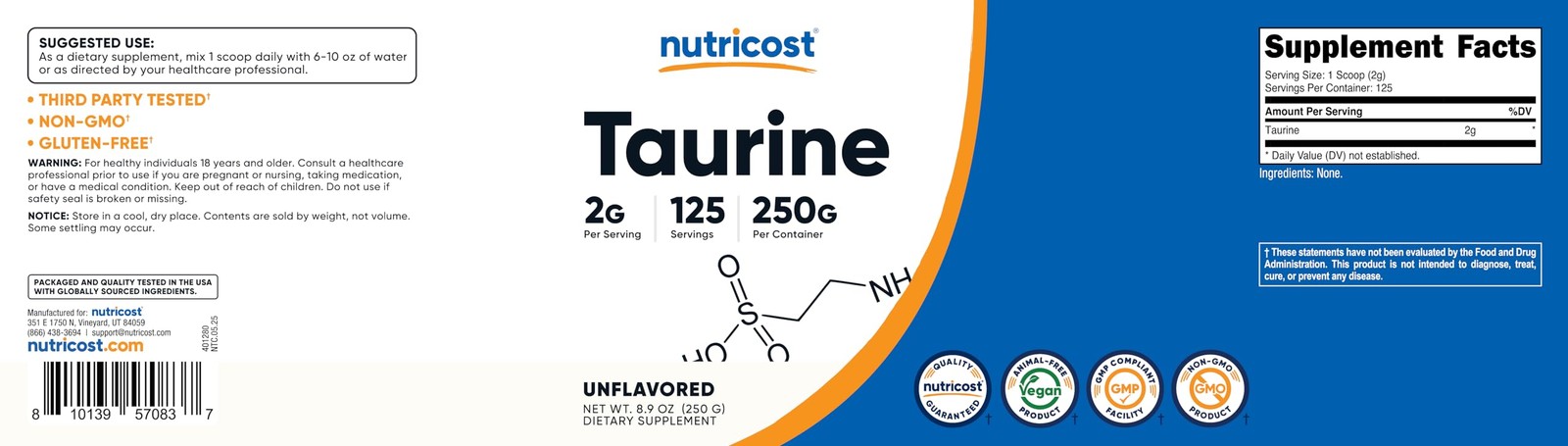 Nutricost Taurine Powder 250 Grams – 125 Servings, 250 Gram (Pack of 1)