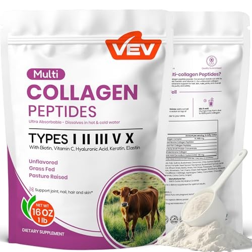 VEV Multi Collagen Peptides Powder, 16oz – Types I, II, III, V, X, Hyaluronic