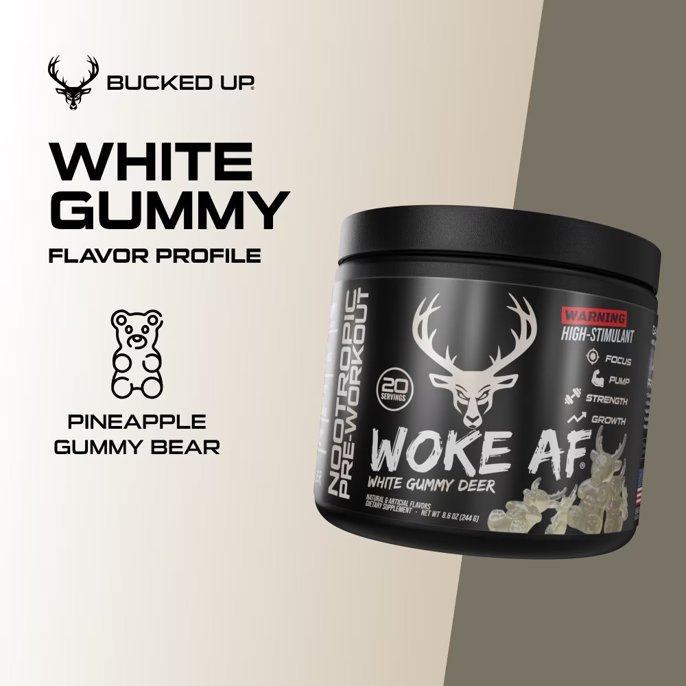 bucked up pre workout woke af white gummy deer