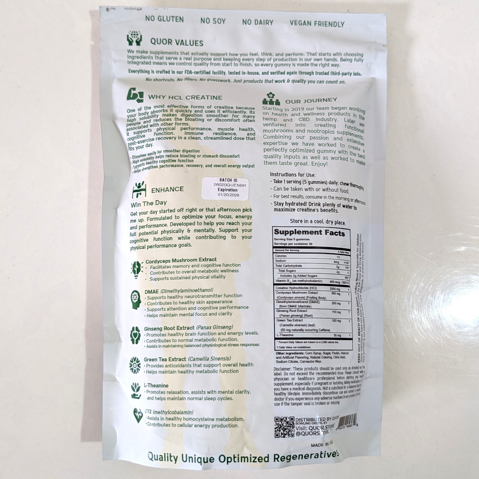 QUOR Enhance Creatine HCl Gummies Vegan Nootropic Stack 150 Count Exp 01/20/2028