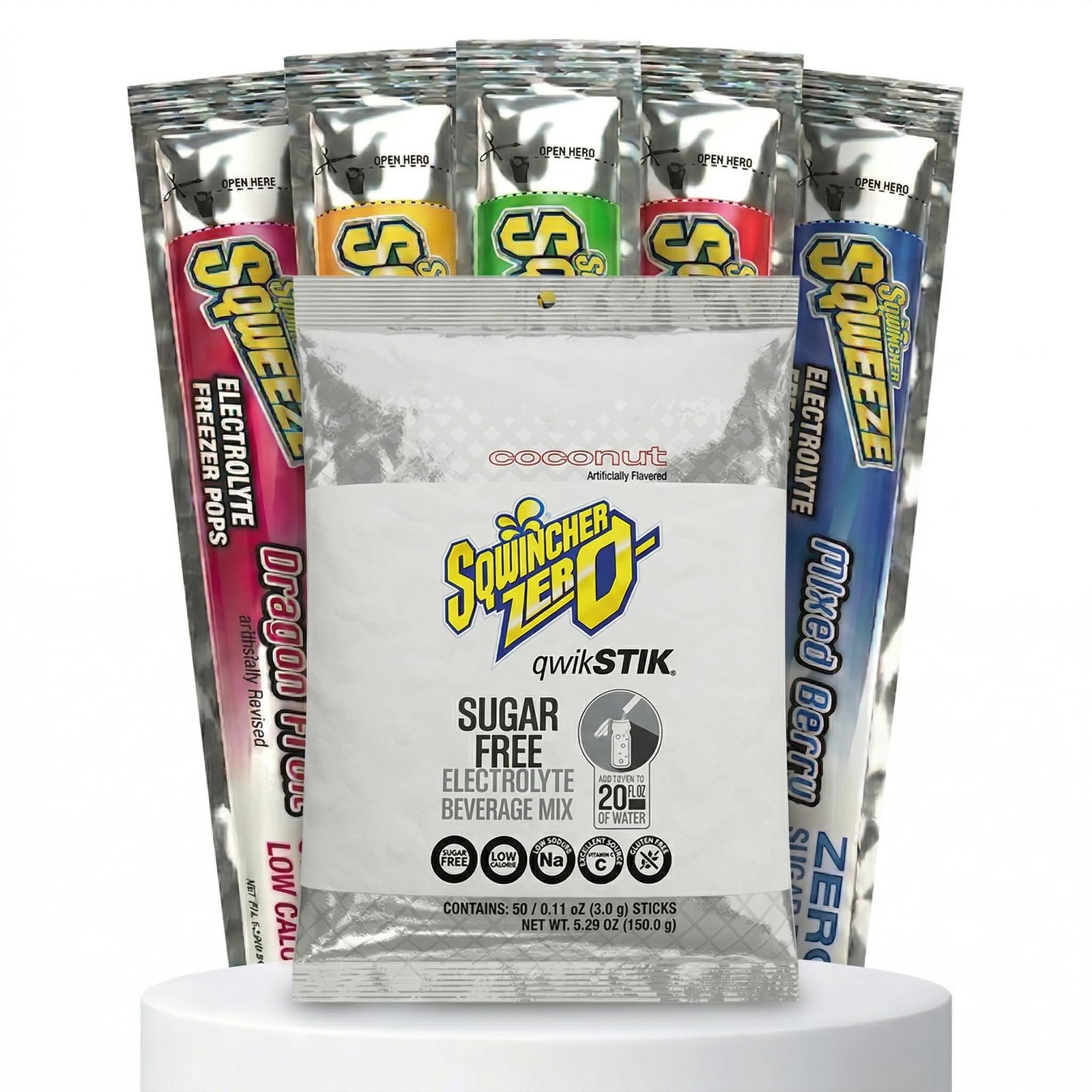 Sqwincher Bundle: (50) Coconut Zero Qwik Stiks (20oz Yield) & (50) Sqweeze…
