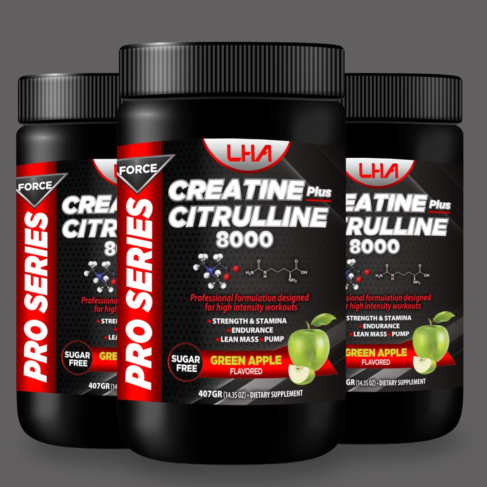 LHA Creatine Citrulline – 400g Workout Support, Green Apple flavor (3-Pack)
