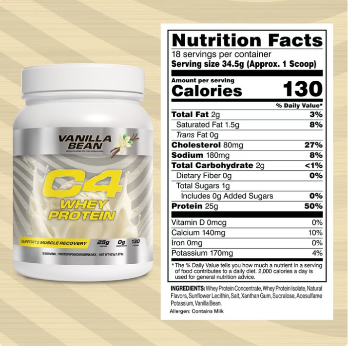 2 Pack C4 Pro Whey Protein Powder, Vanilla Bean Flavor, 25g of Protein,18Serv Pk