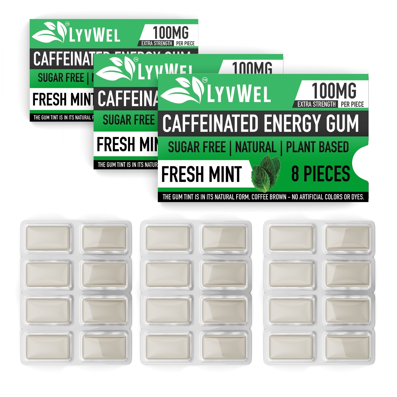 Natural Fitness Energy Sport Gum 100mg Caffeine per piece Mint 3 Packs (24 pcs)