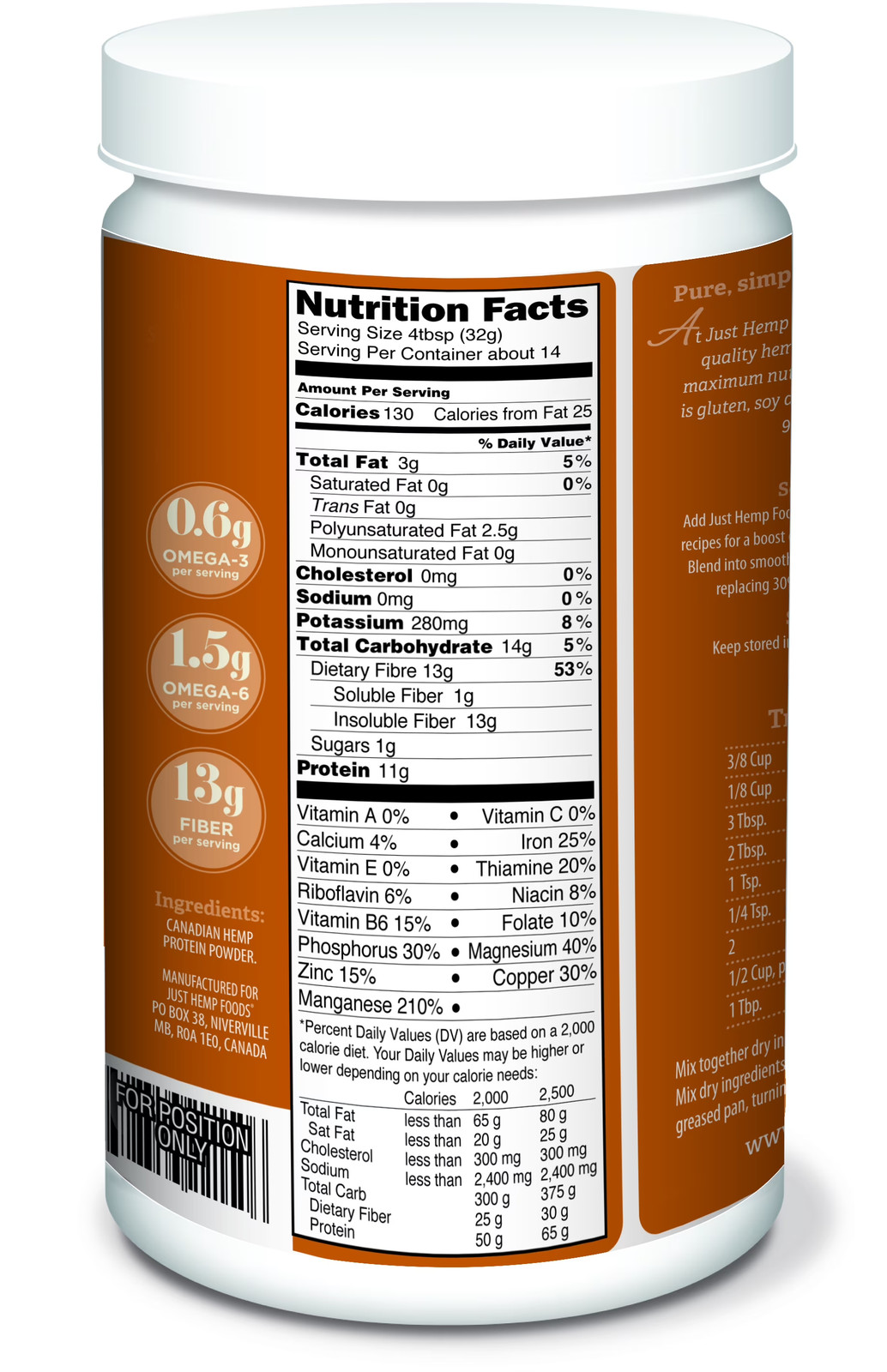 Just Hemp Foods Hemp Protein & Fiber Powder 11g Protein 16 oz