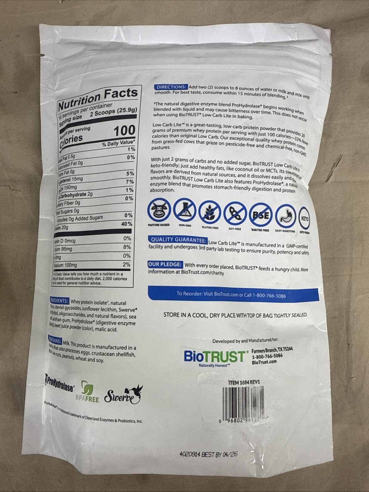 BioTrust Low Carb Lite Strawberries & Cream BB 4/26 12.8oz 20g Whey Protein