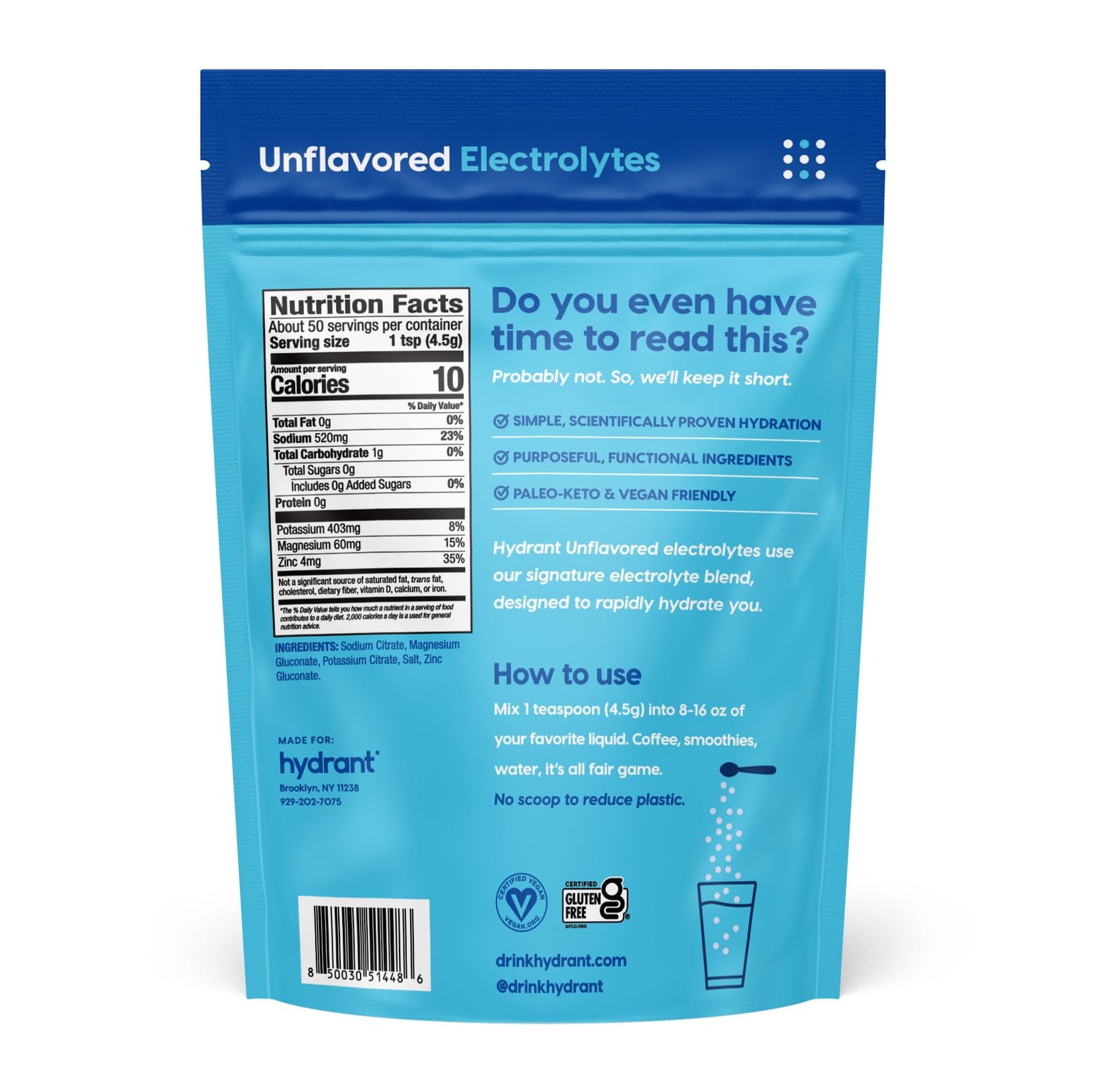 Hydrant – Bulk Hydration Powder Unflavored 50 Servings Acting Electrolyte