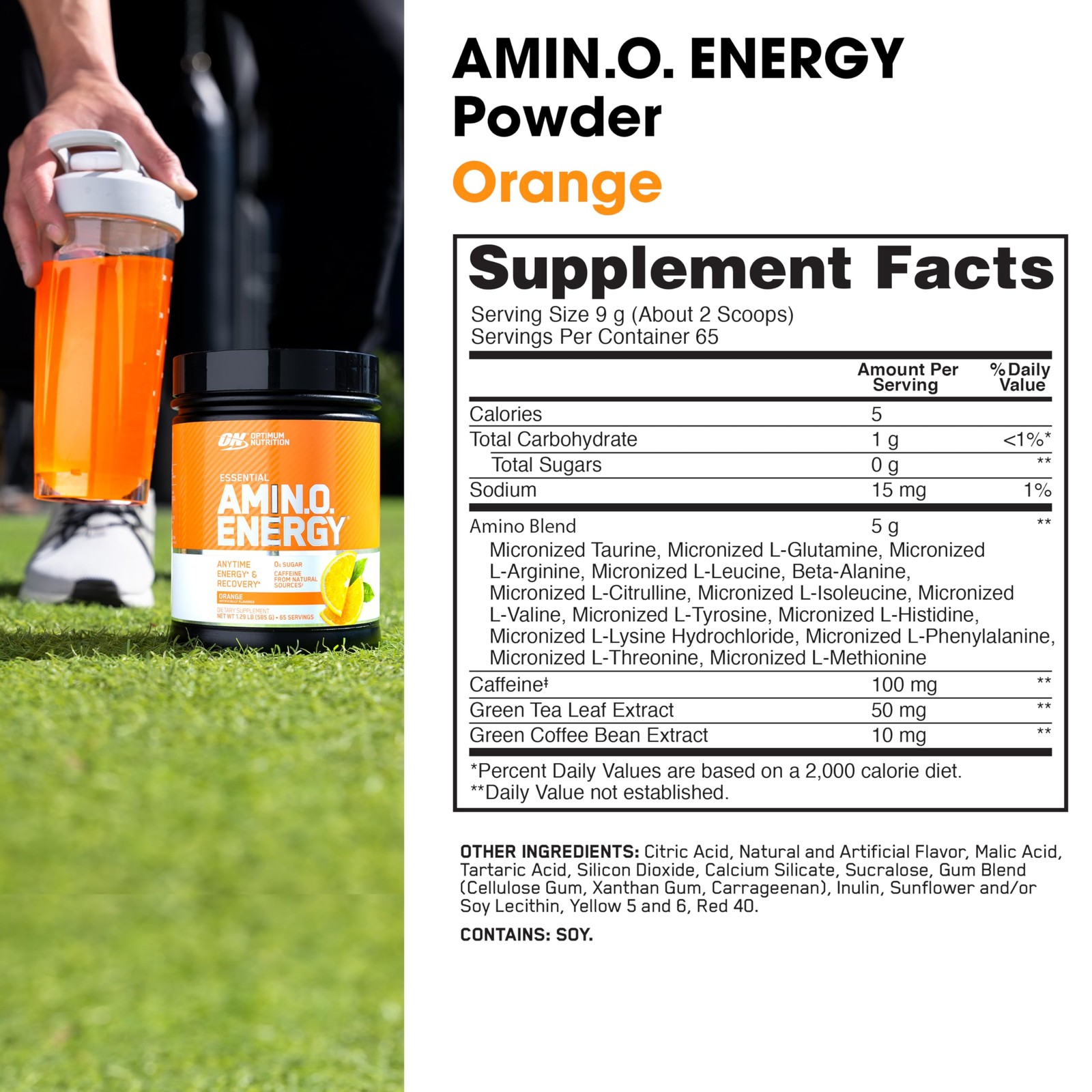 Amino Energy Powder Pre Workout BCAA Green Tea 65 Servings Concord Grape Optimum