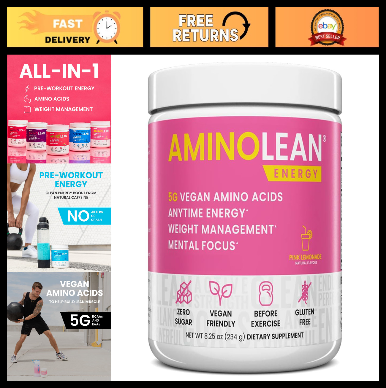 Vegan Pre Workout Powder – Natural Amino Energy, BCAA + EAA, Jitter-Free, Zero S