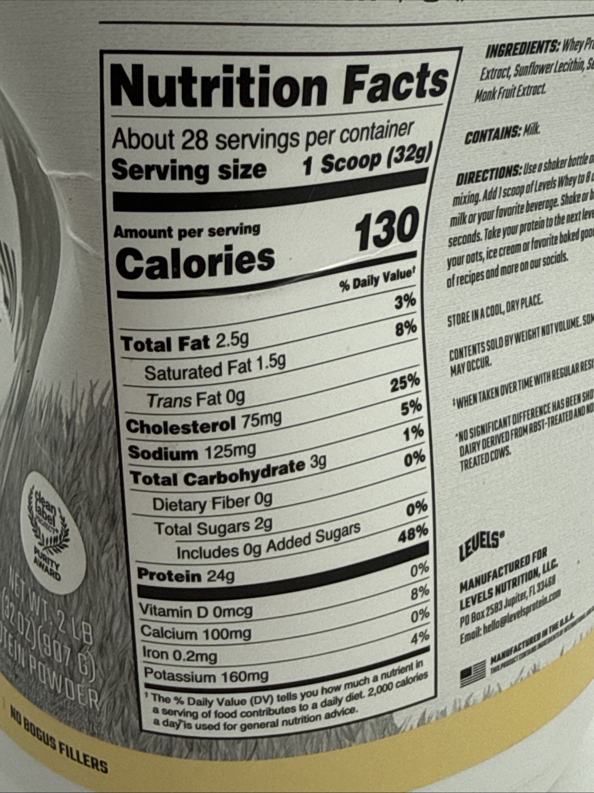 Levels Grass Fed Whey Protein Powder, No Artificials, 24G of Protein, Vanilla Be