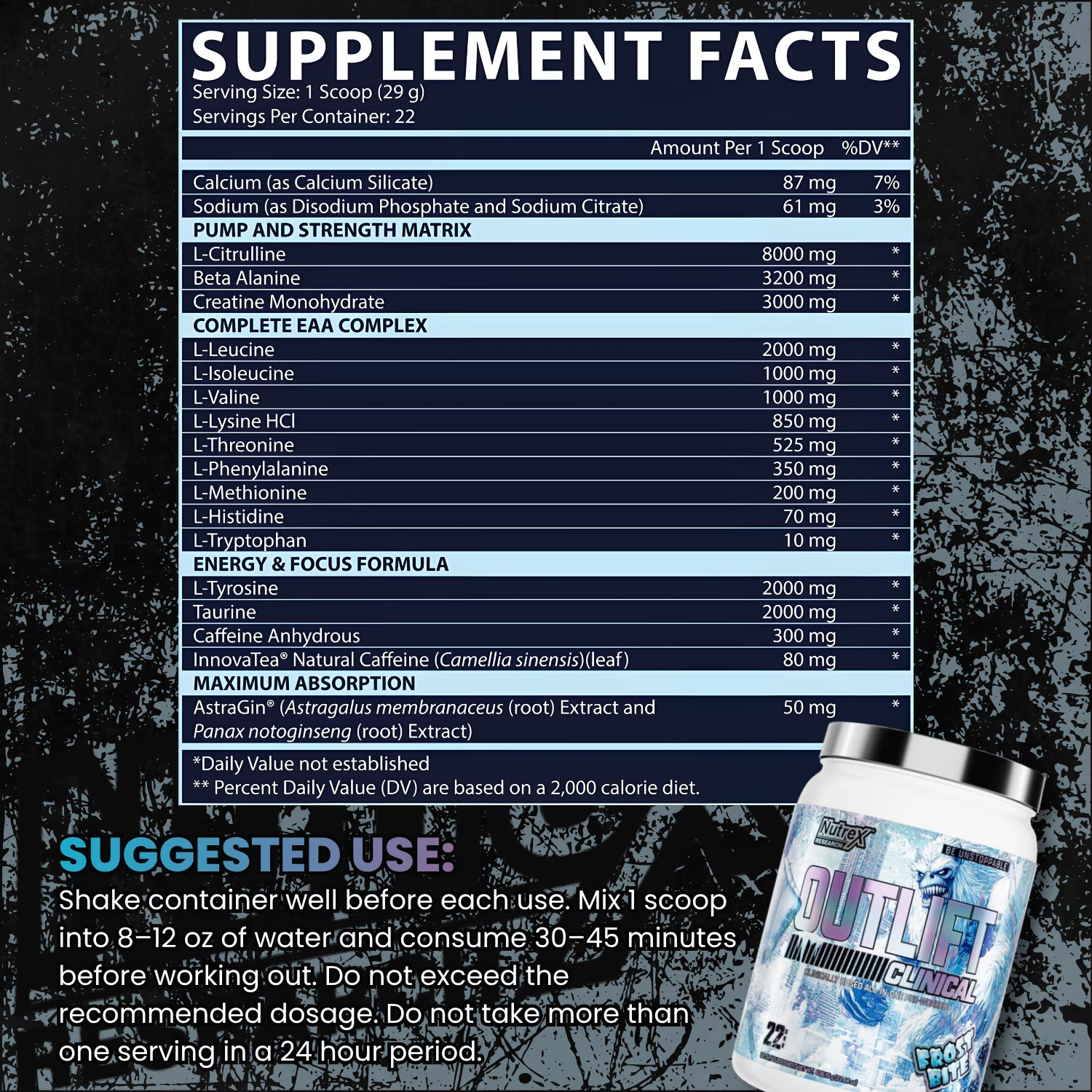 Outlift Clinically Dosed Pre Workout Powder with Creatine, 8G Citrulline, BCAA –