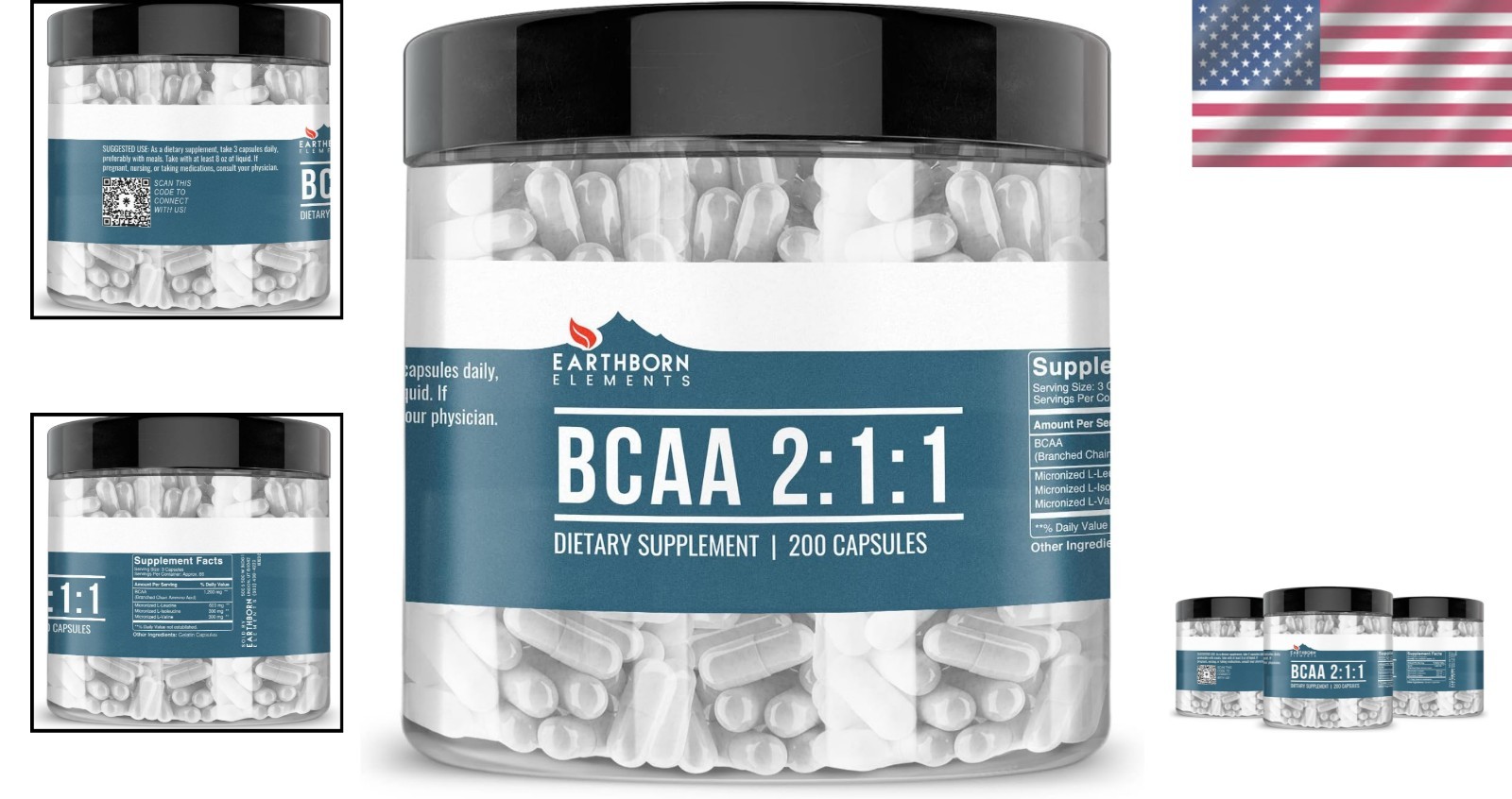 Pure BCAA Capsules – 200 Count, Unflavored, 60-Day Supply, Gluten-Free