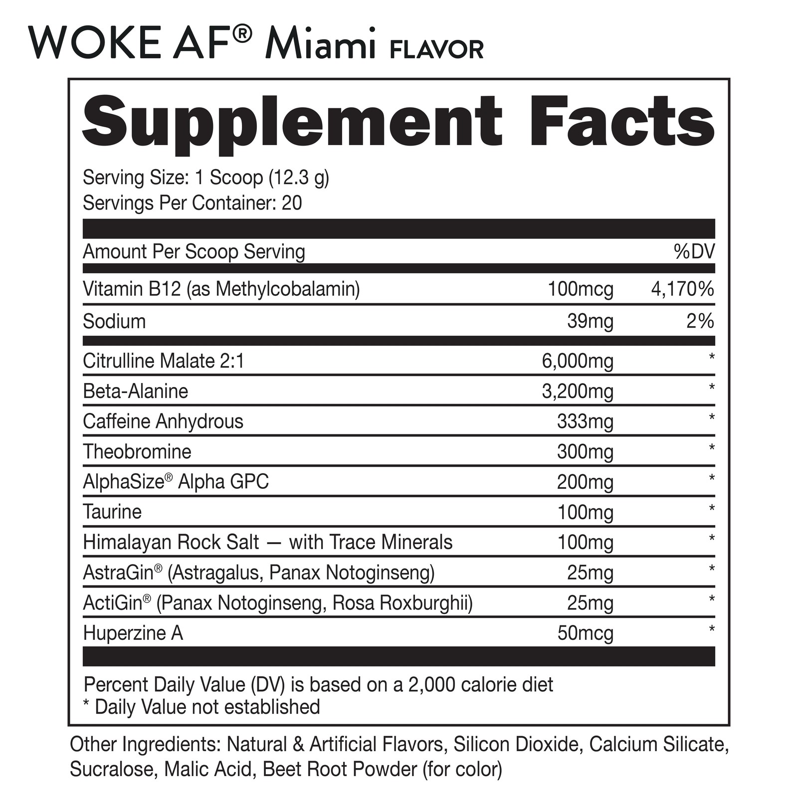 Woke AF Pre-Workout Powder, Increased Energy, Miami, 333Mg Caffeine, 20 Servings