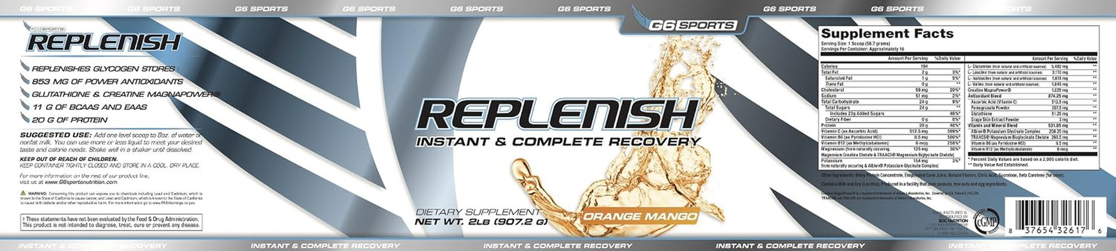 Nutrition Replenish Instant & Complete Recovery (Post Workout Formula, 11G of Bc