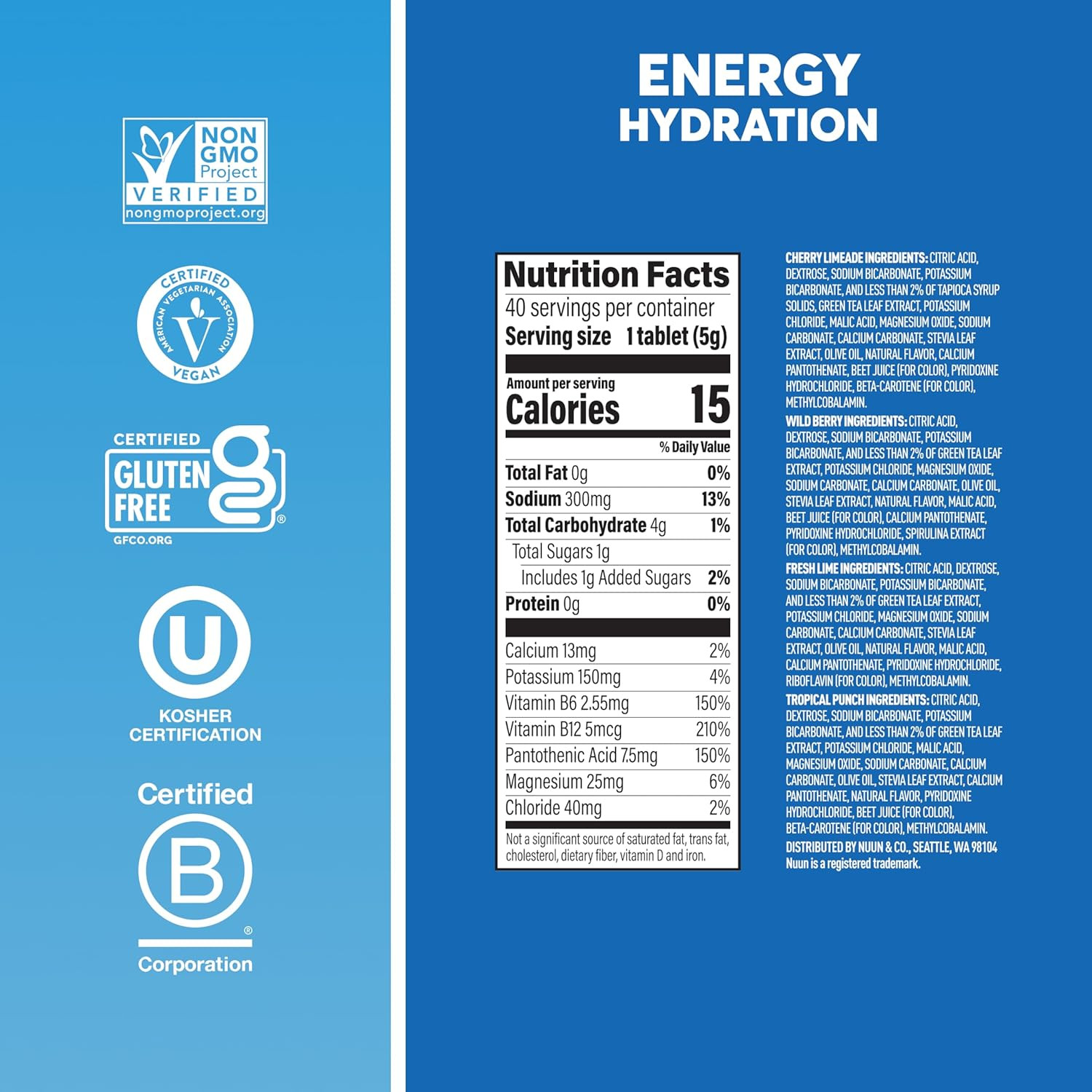Nuun Energy Electrolyte Tablets Caffeine Mixed Flavors, 40 Servings
