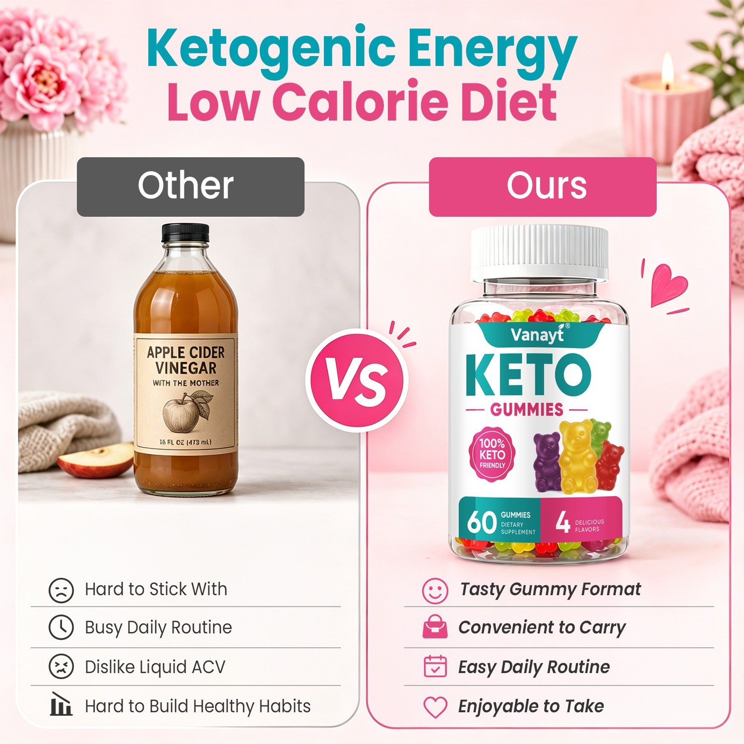 Keto ACV Gummies 60 Ct Apple Cider Vinegar Dietary Supplement for Keto Support