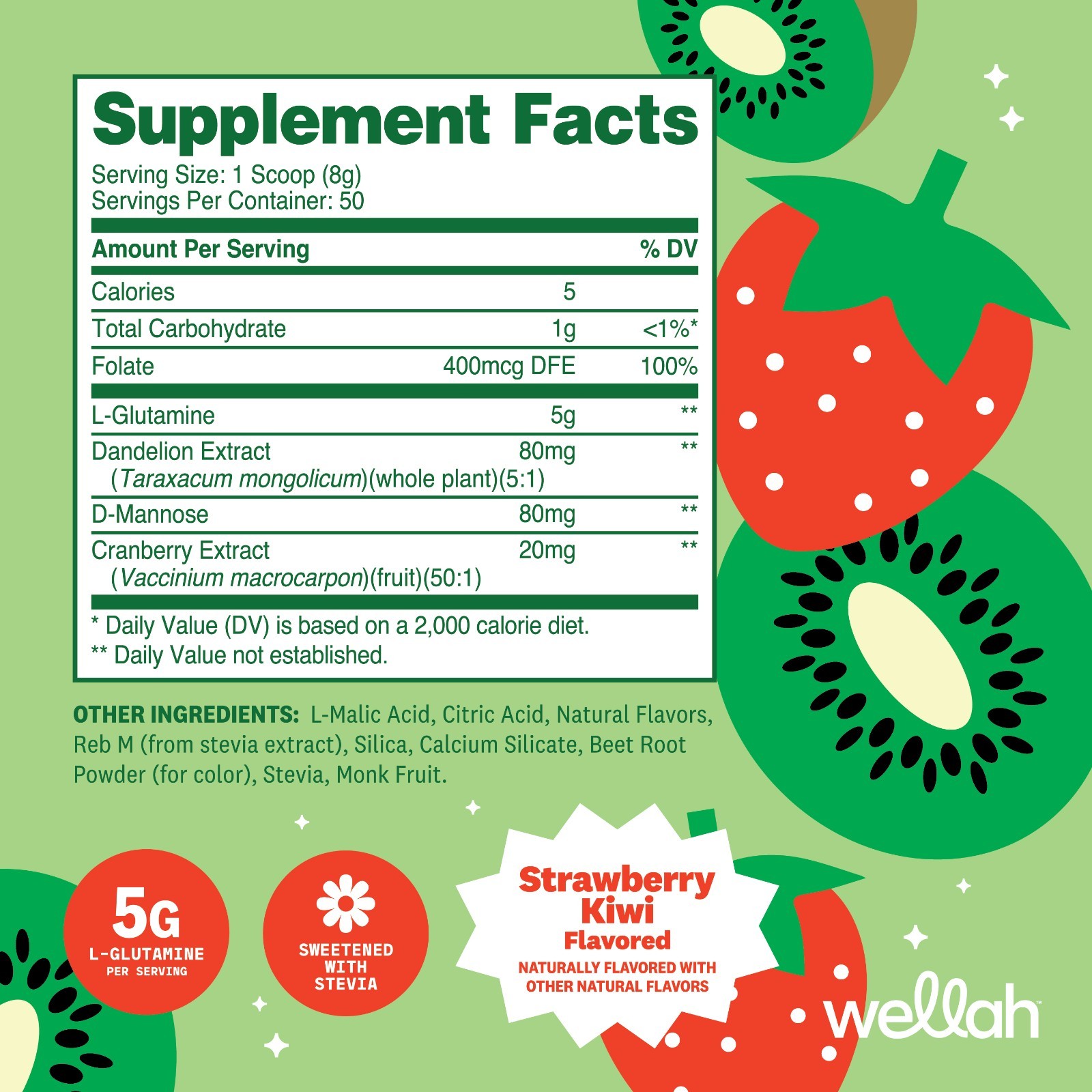 Wellah L-Glutamine Strawberry Kiwi Powder (50 Servings) – 5g L-Glutamine