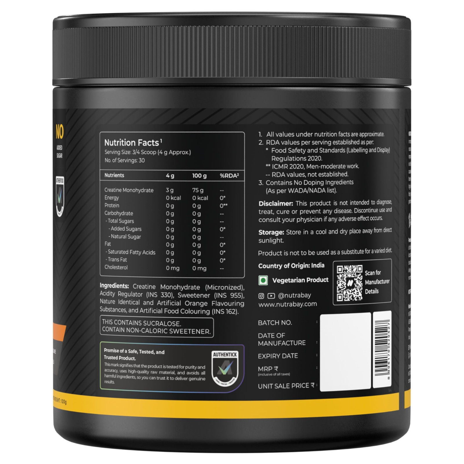 Nutrabay Creatine Monohydrate 120g Orange 3000mg Serving