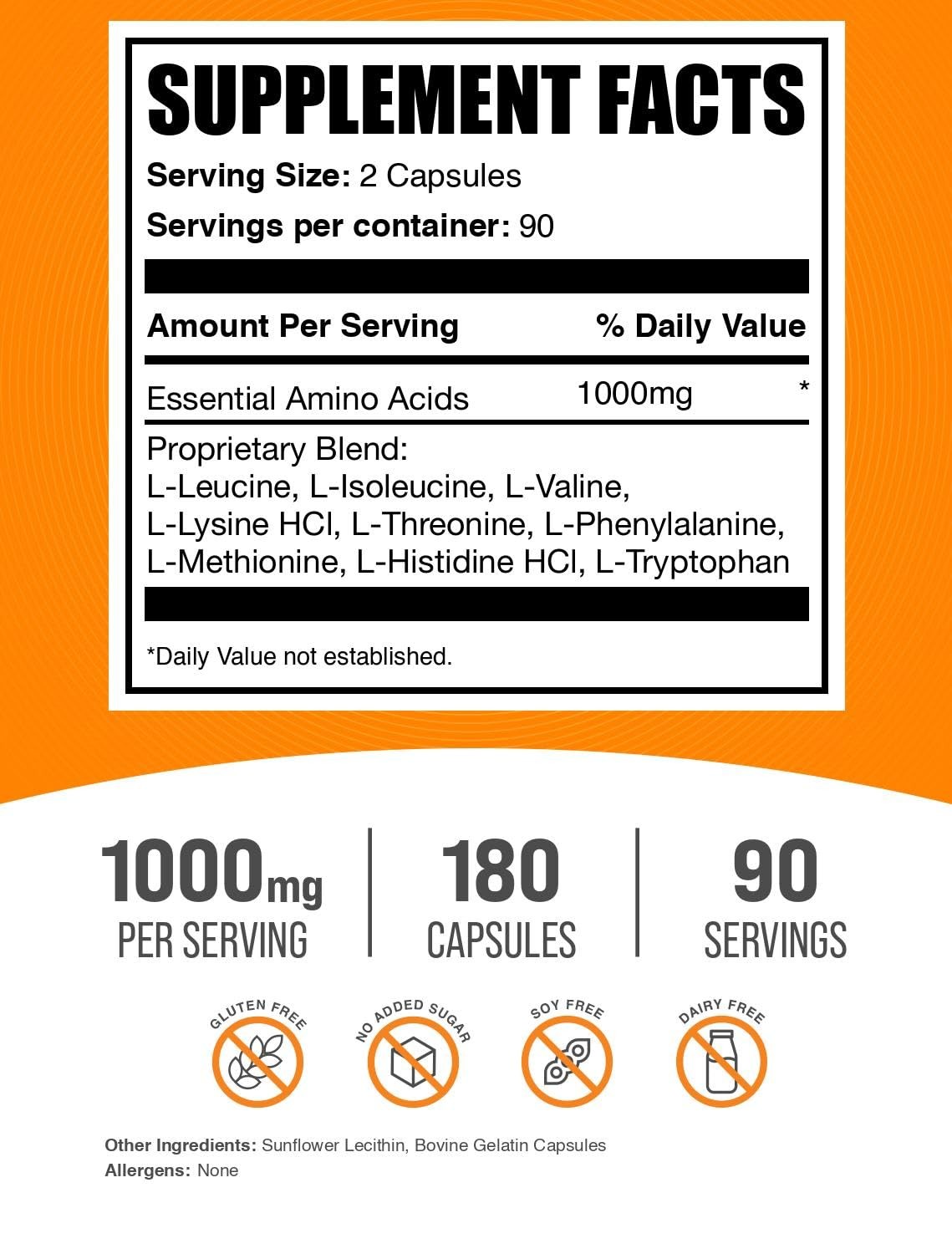 Eaa Capsules 180 Count Essential Amino Acids Bcaa Supplement For Recovery Energy