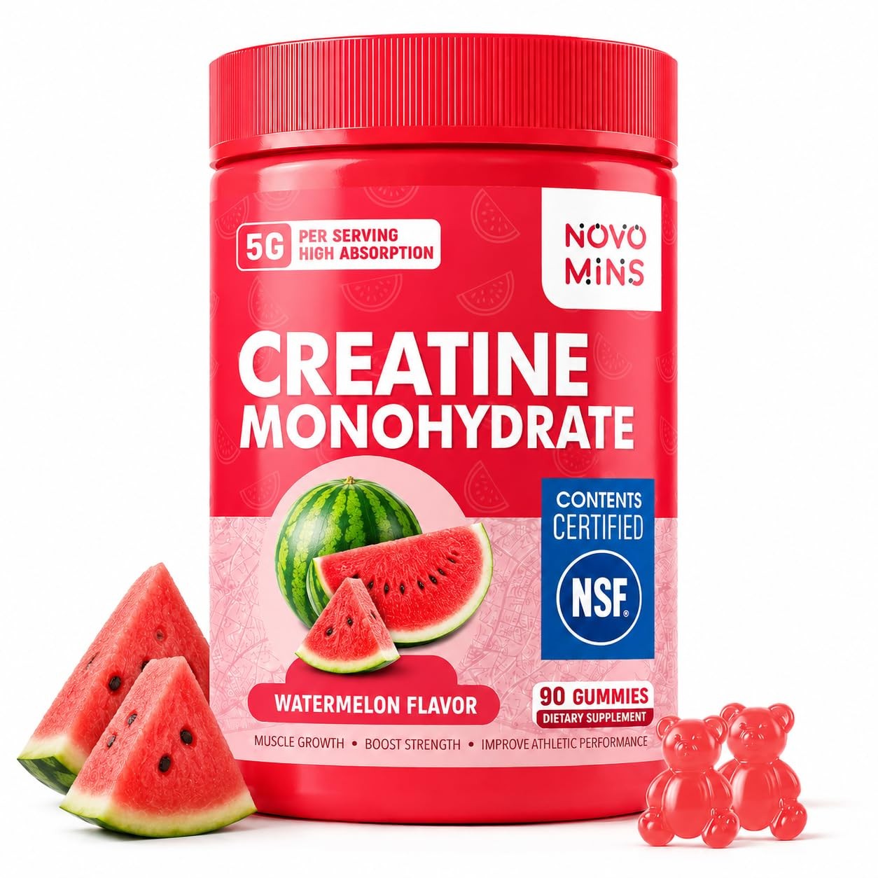 NSF Certified Creatine Monohydrate Gummies 90 Count (Pack of 1), Watermelon