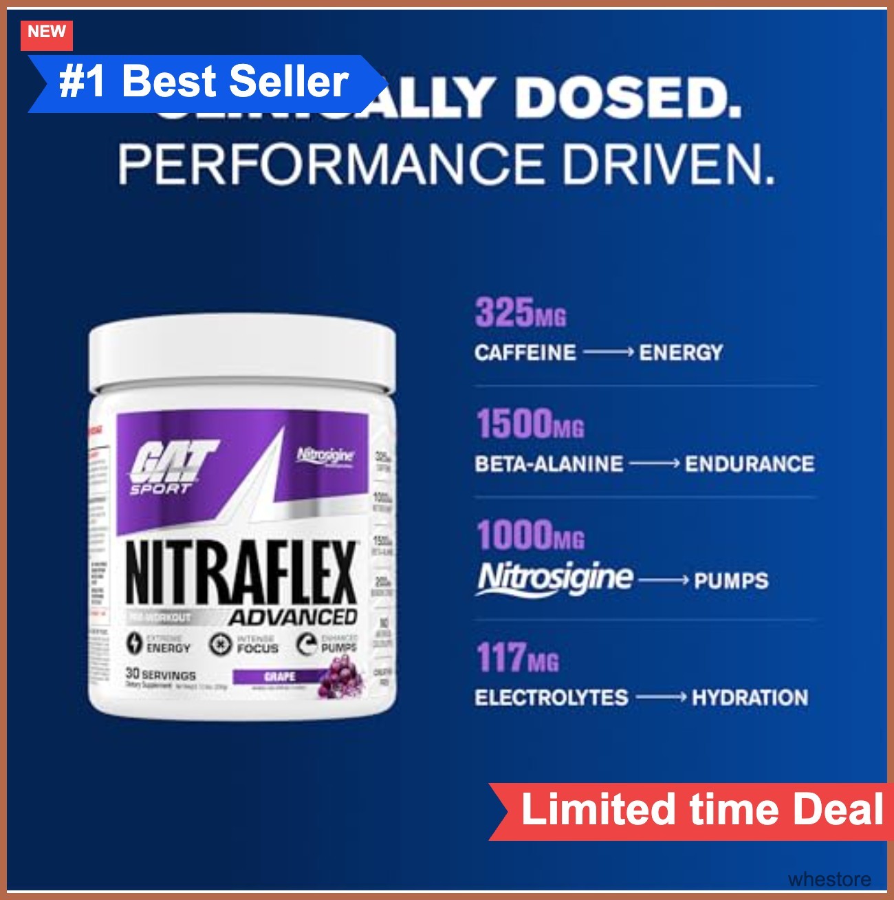 Pre-Workout Powder Grape 30 Servings Creatine-Free Energy Focus Nitrosigine