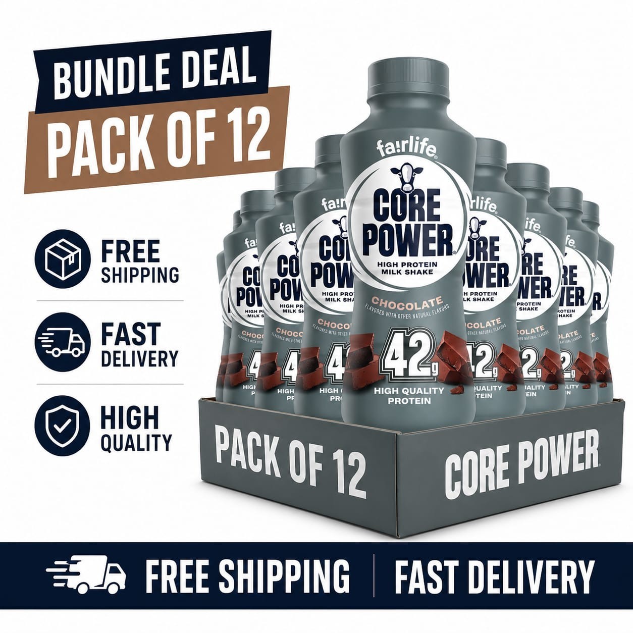 Core Power High Protein Shake, Chocolate, 42g Bottle, 14oz, 12 Pack