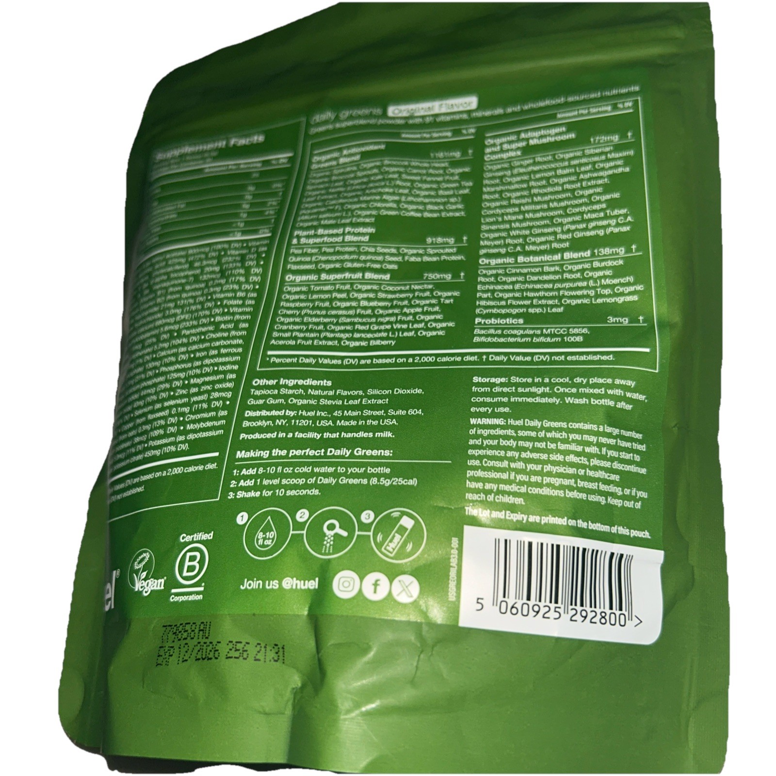HUEL DAILY GREENS SUPERFOOD Powder 9 oz ( 30 Servings ) Original Flavor BY 12/26