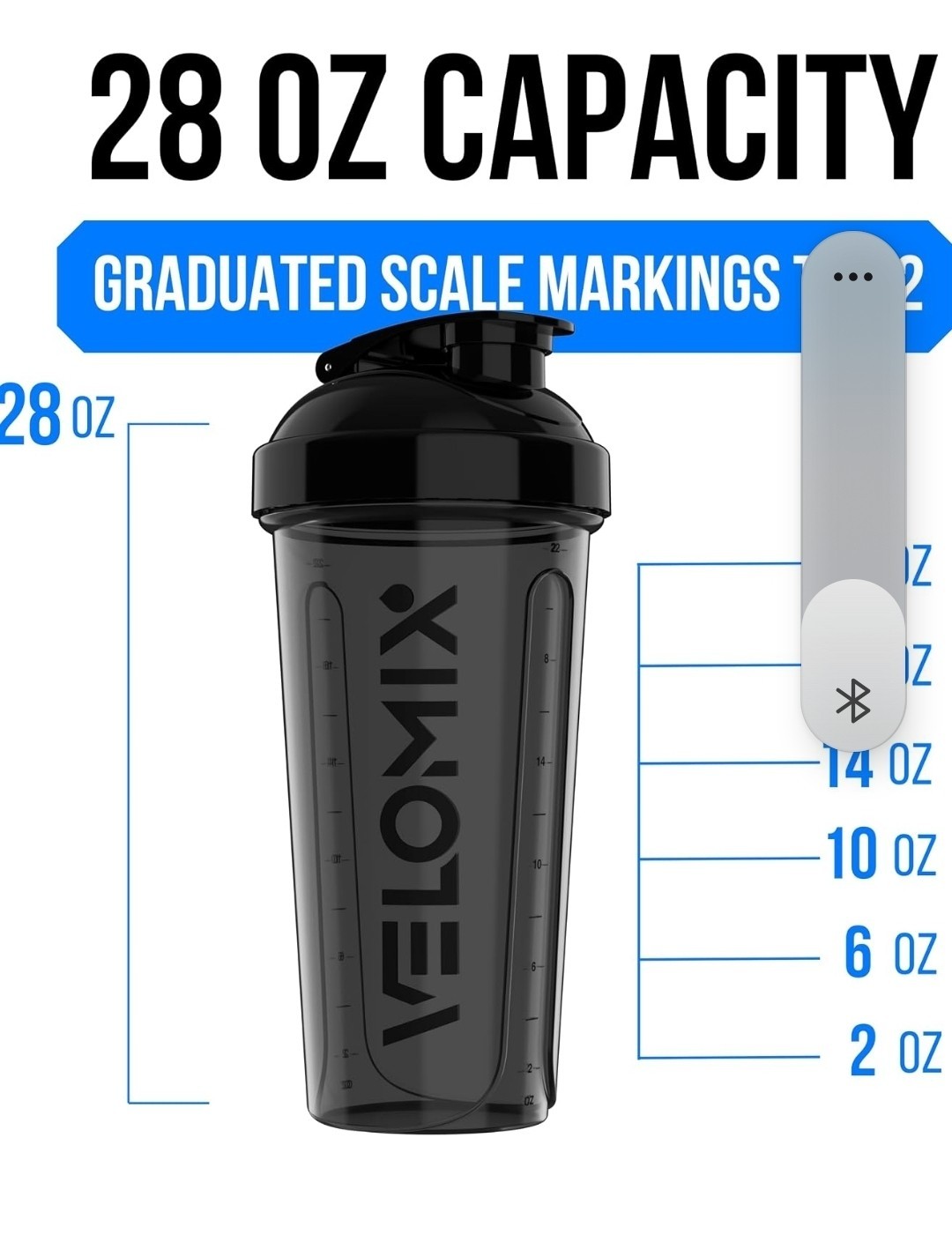 VELOMIX 2 Pack 28oz Protein Shaker Bottle for Protein Mixes, Black / Transparent