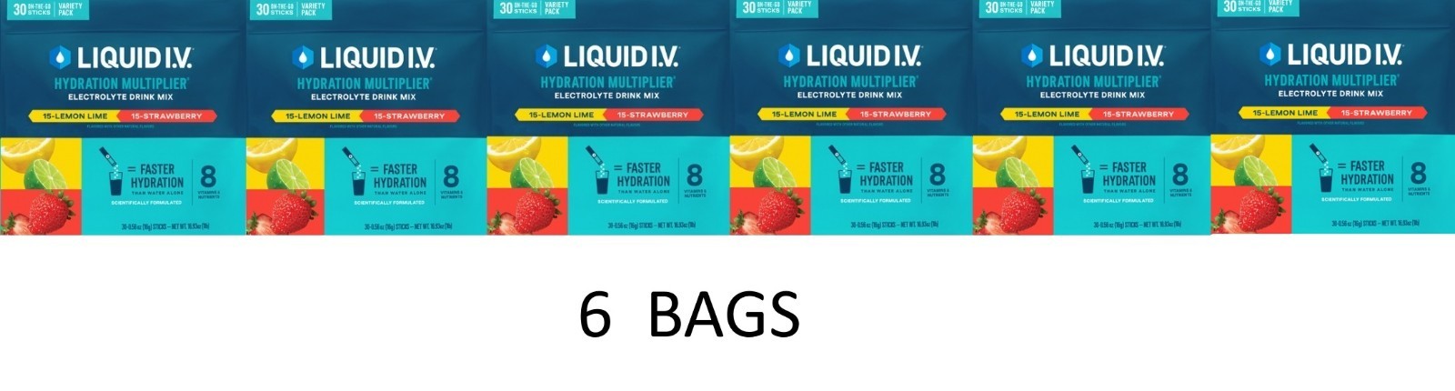 Liquid IV Hydration Multiplier Electrolyte STRAWBERRY LEMON LIME 30 Pkts 6 BAGS