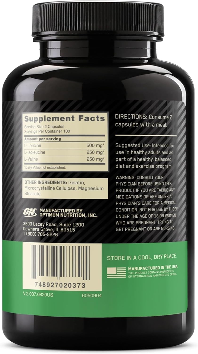 BCAA Amino Acids Capsules for Muscle Recovery, 1000mg, 200 Count Bottle