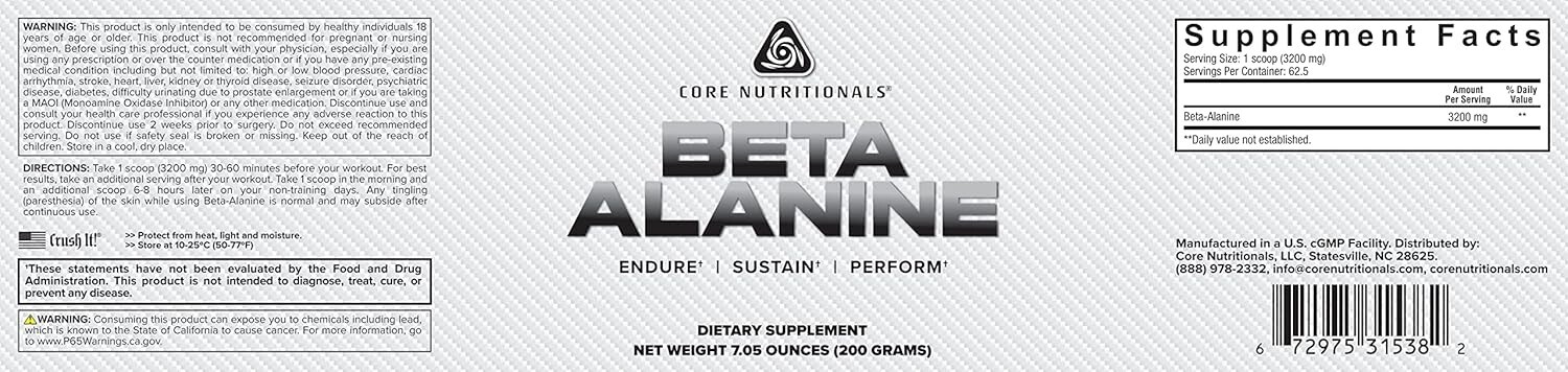 Core Nutritionals Beta Alanine Daily Muscle Building and Recovery -62 Servings