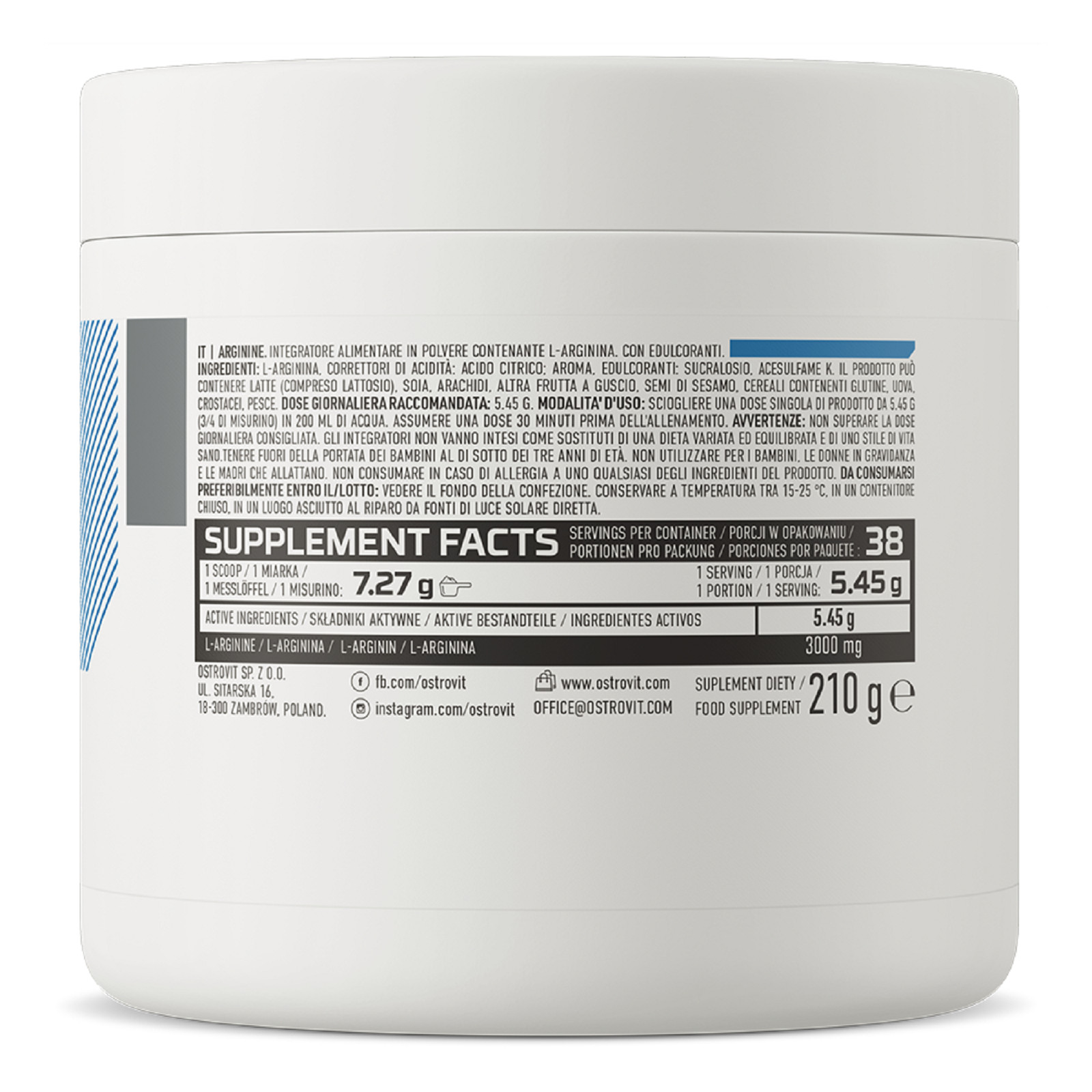 OSTROVIT ARGININE 210g – 42 SERV! – Nitric Oxide NO Booster Muscle Growth & Pump