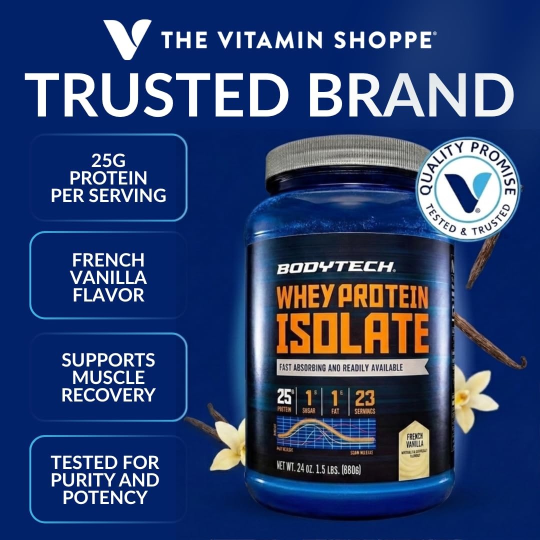 BodyTech Whey Protein Isolate Powder, French Vanilla, 1.5 lb, 23 Servings