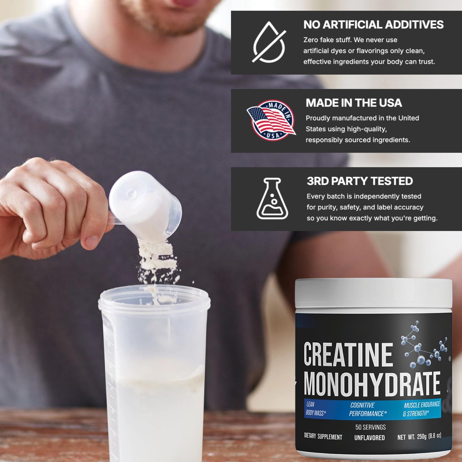 Pure Unflavored Creatine Monohydrate Powder – Vegan, Gluten-Free, Non-GMO – 50 S