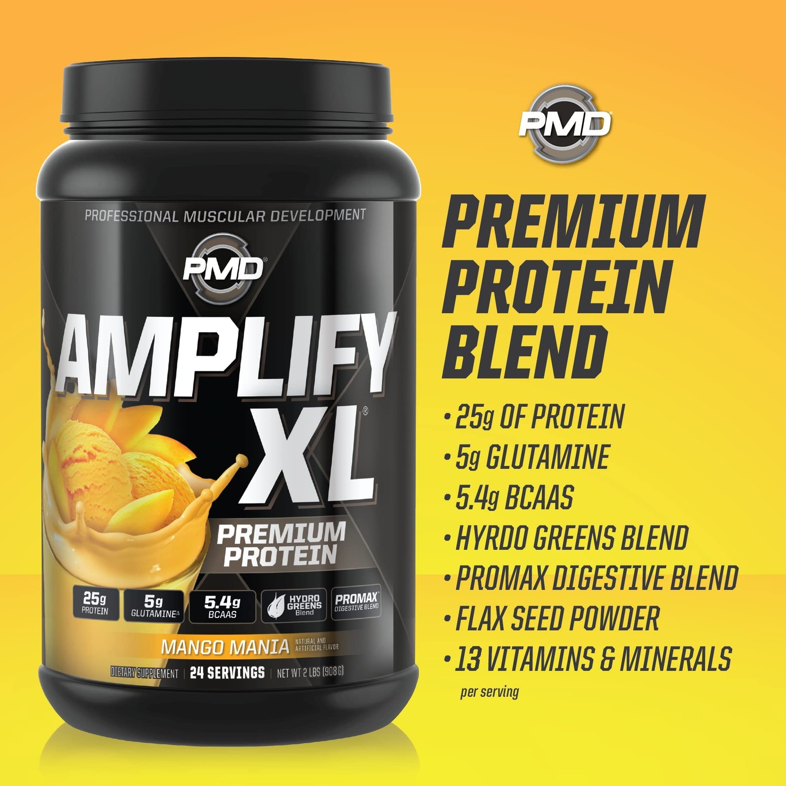 Amplify XL Mango Mania Protein Powder 2lb Muscle Recovery BCAAs Digestive Enz…