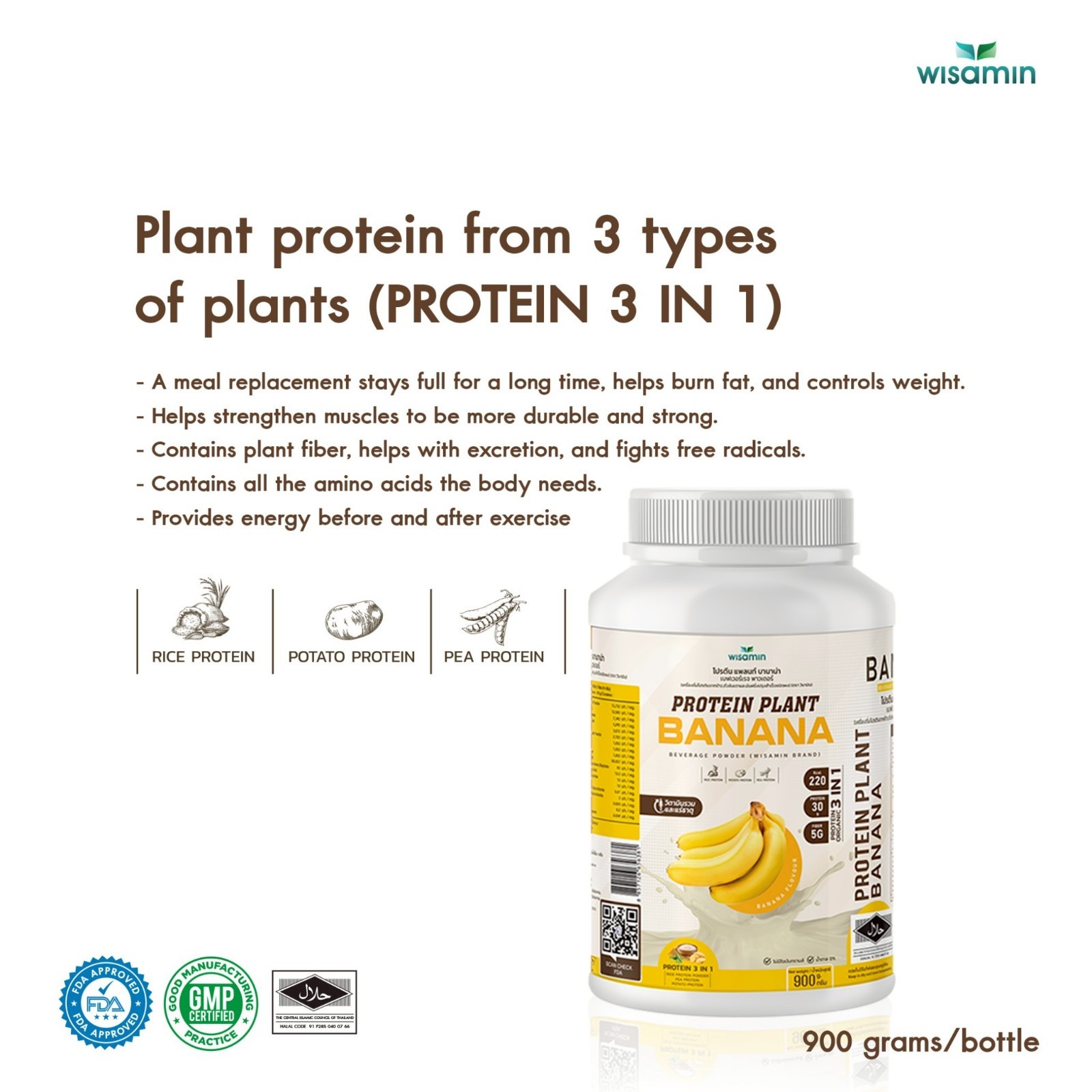 WISAMIN Plant Protein Powder Banana Flavor 900g | 30g Protein, Organic, Non GMO