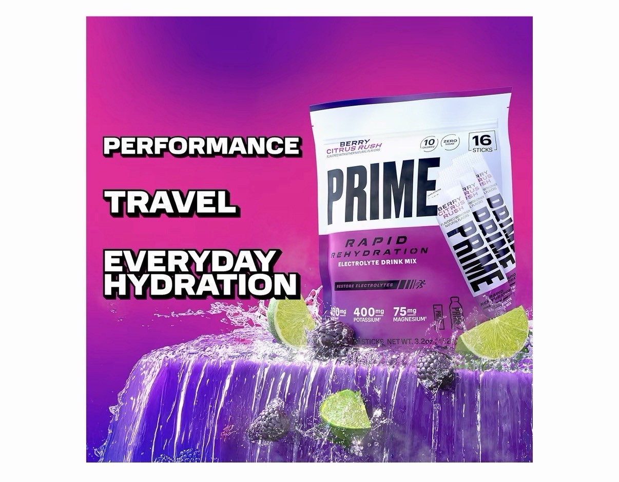 PRIME Electrolyte Hydration Powder Mix 16 Sticks Caffeine-Free Berry Citrus Rush